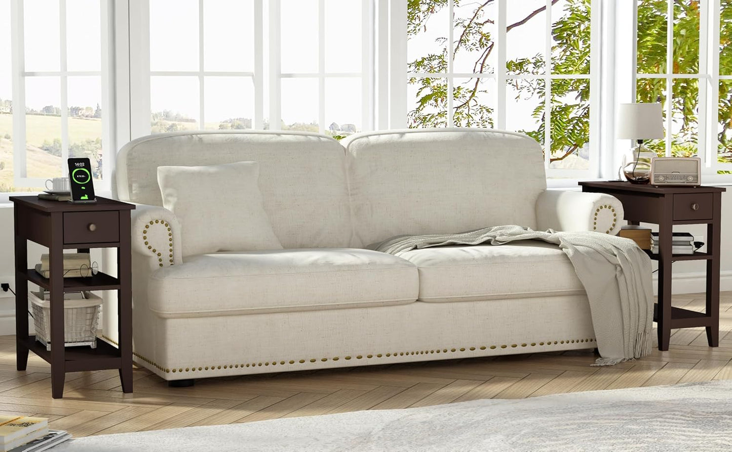 ChooChoo Narrow End Table Set of 2,Side Table Living Room with USB Ports & Power Outlets and Hidden Drawer, 3-Tier Skinny Nightstand with 2 Open Storage Shelves for Small Place(Espresso)