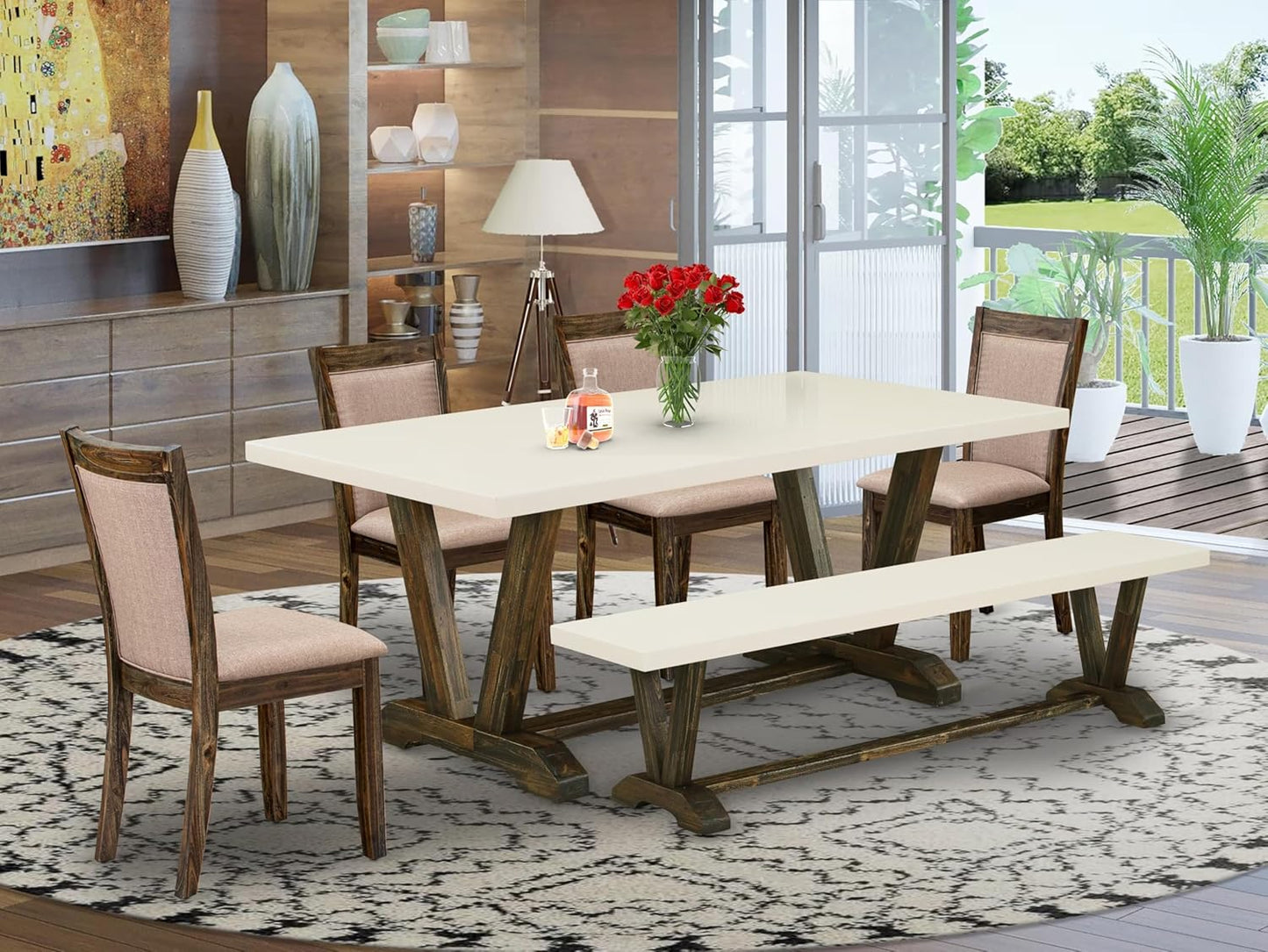 East West Furniture V727MZ716-6 6 Piece Dining Set Contains a Rectangle Dining Room Table with V-Legs and 4 Dark Khaki Linen Fabric Upholstered Chairs with a Bench, 40x72 Inch, Multi-Color