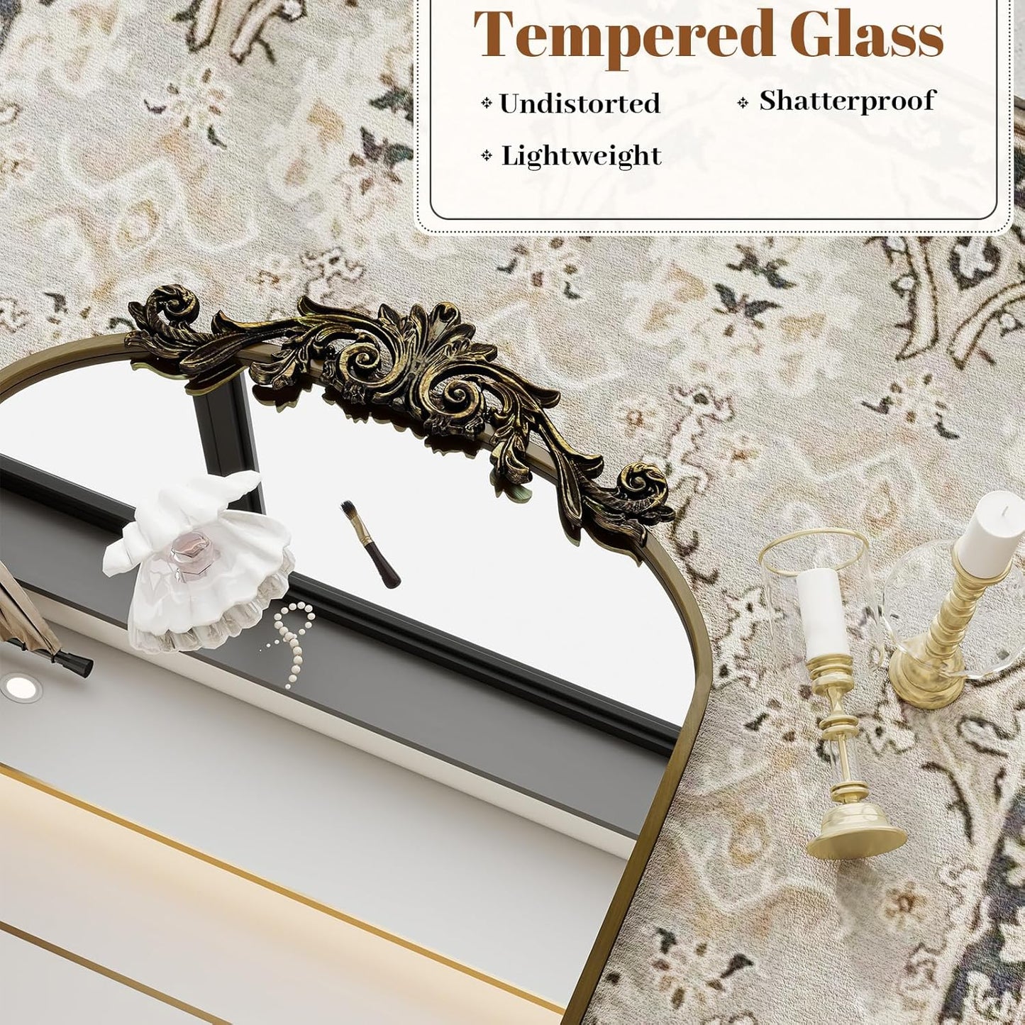 Vintage Arched Bathroom Mirror, 24x36 Inch Retro Wall Mounted Vanity Mirror with Carved Pattern Top and Metal Frame, Antique Decorative Mirror for Hanging or Leaning