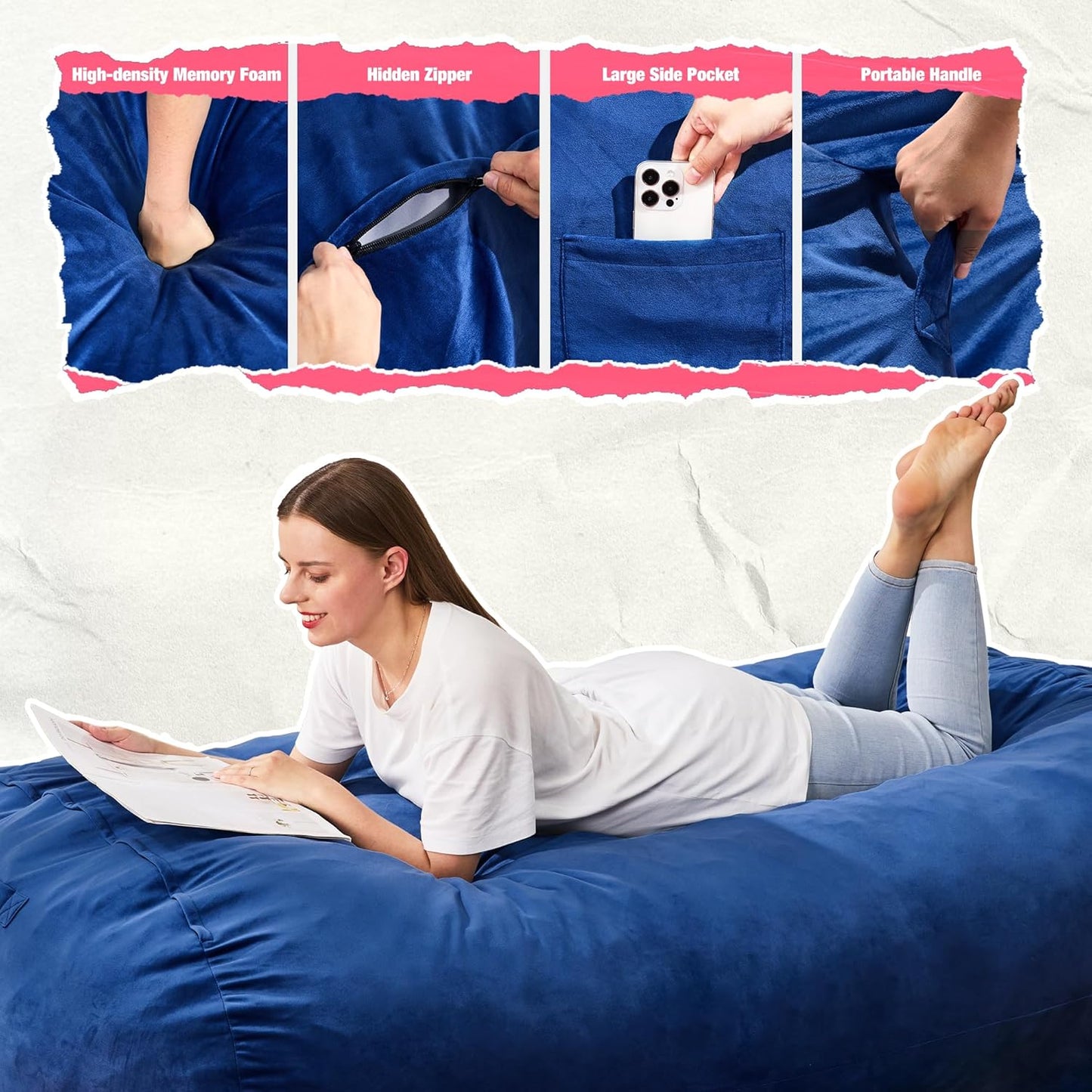 Hobestluk 4FT Bean Bag Chair Large Beanbag with Removable Cover Adult Bean Bag Chair with Portable Handle Desgin for Living Room Bedroom (Blue, 4FT)