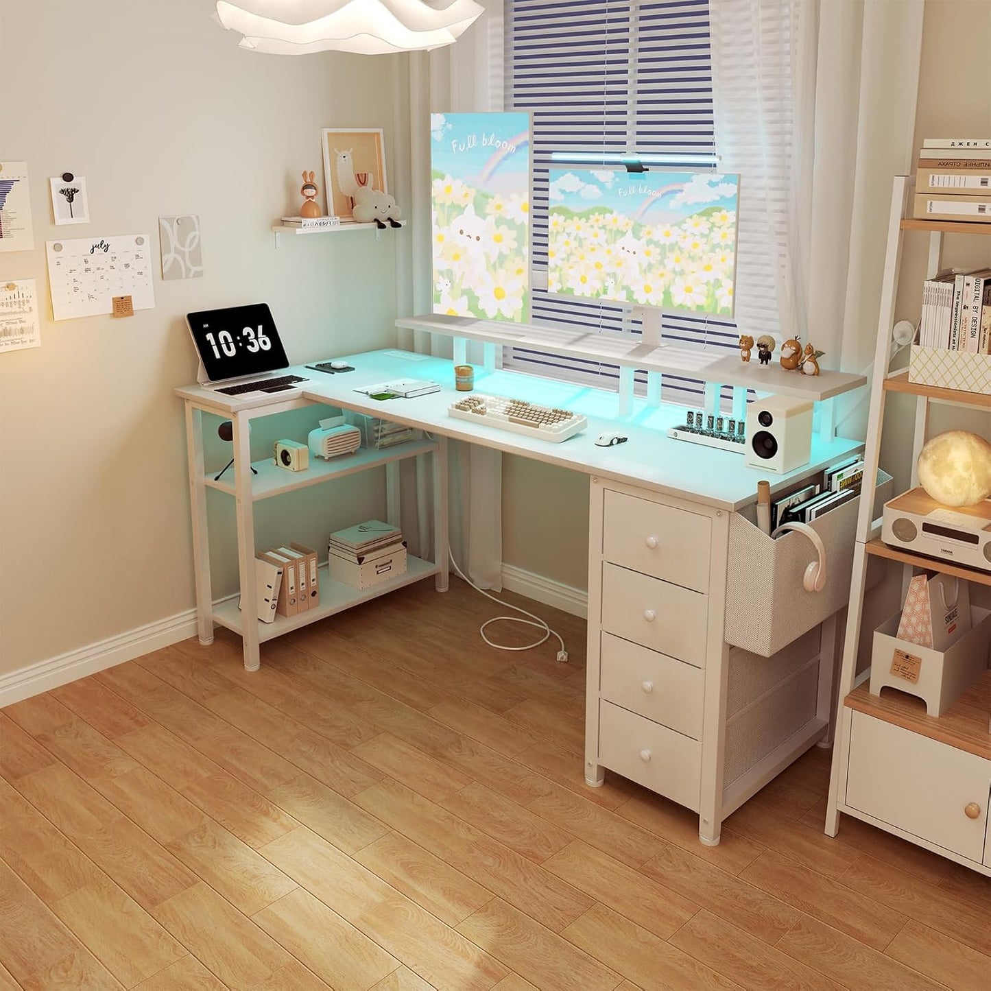 Lufeiya White L Shaped Computer Desk with Fabric Drawers, 55 Inch Corner Home Office Desk with Monitor Stand Shelves, Writing Study Gaming Desks with Led Lights and Power Outlets for Bedroom, White