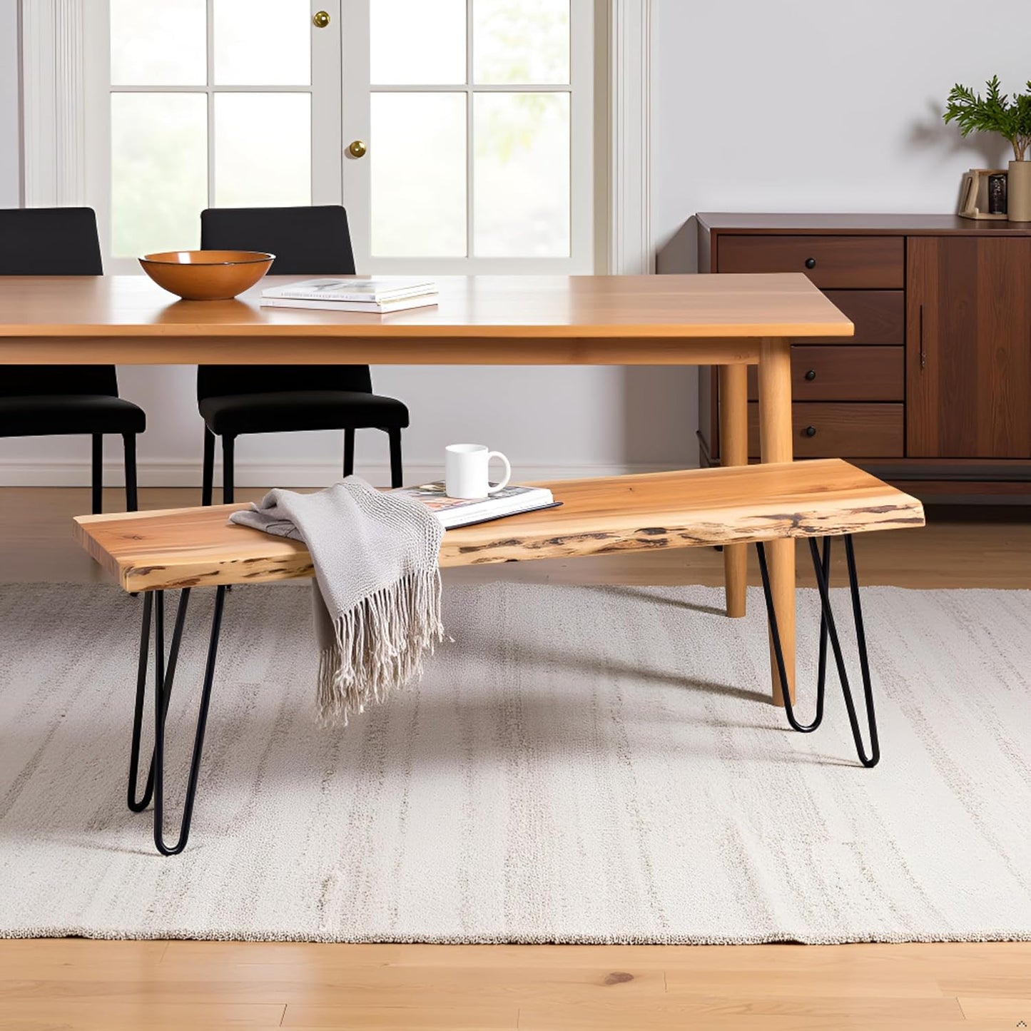 Alaterre Furniture 48” Live Edge Dining Bench – Rustic Industrial Farmhouse Solid Acacia Wood with Metal Hairpin Legs – Ideal for Dining Room, Kitchen, or Entryway