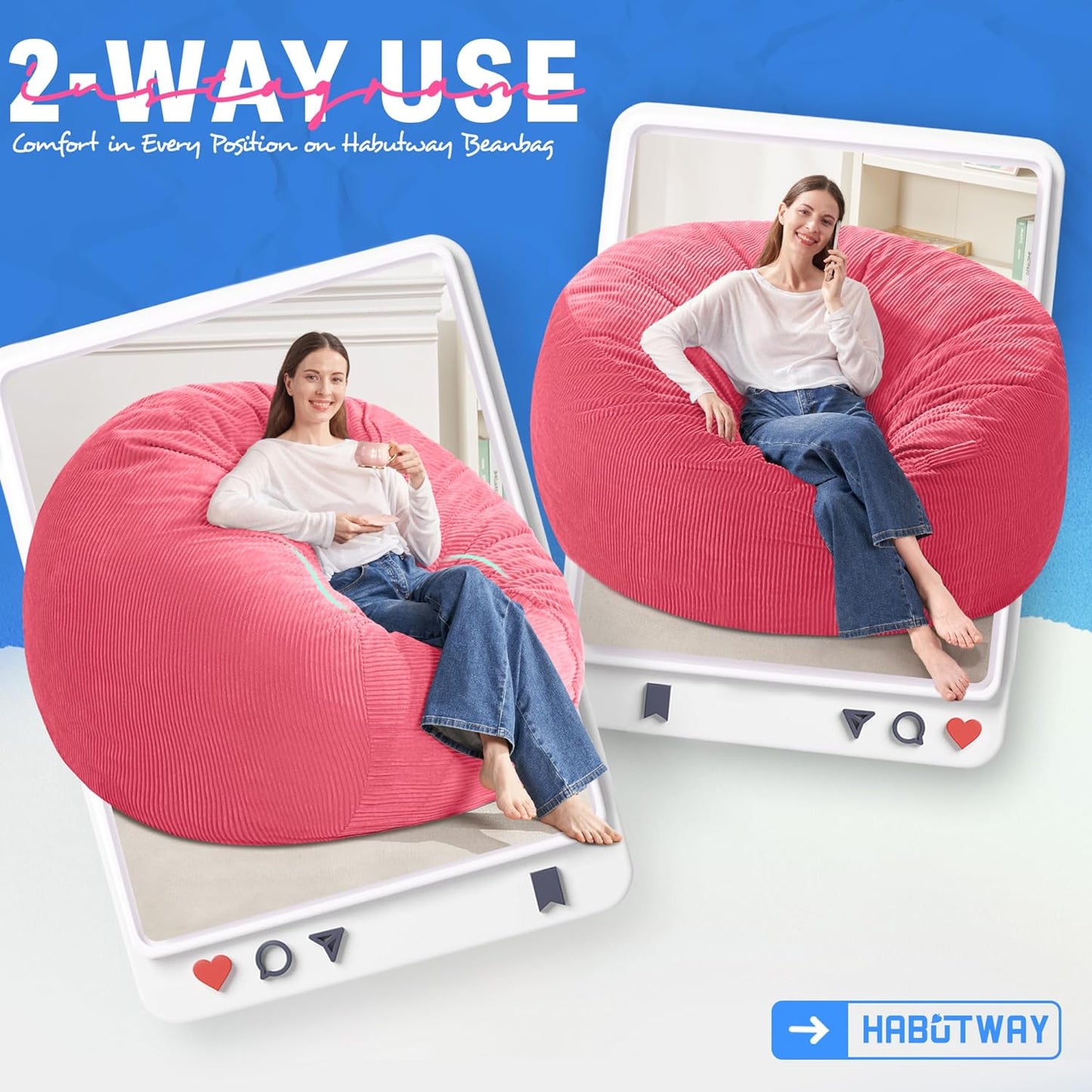 HABUTWAY 5FT Bean Bag Chair,Giant Bean Bag Chairs for Adults,Big Bean Bags with Memory Foam Filled, Large Beanbag Chairs with Soft Corduroy Cover-Pink