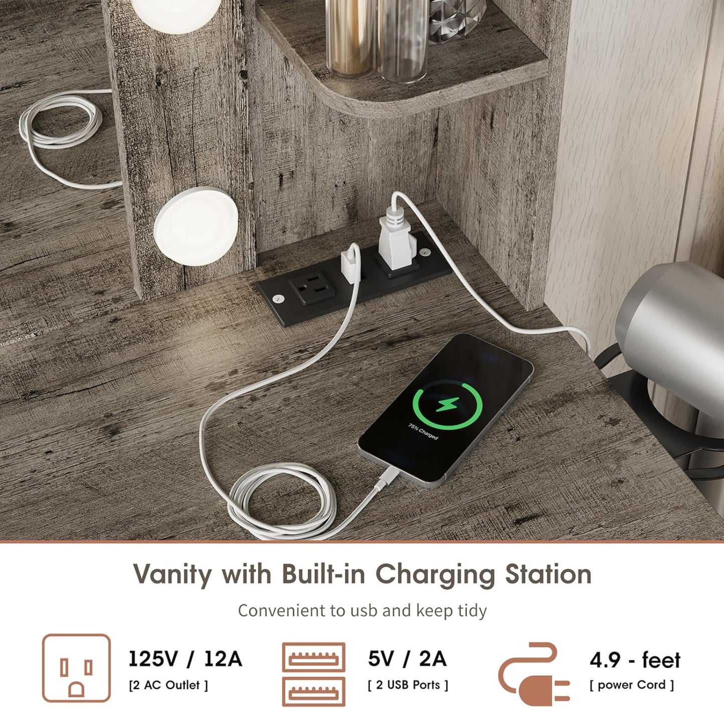 Vabches Vanity Desk with Mirror and Lights,Makeup Vanity Table with Charging Station,2 Drawer Bedroom Dressing Table with 3 Colors Modes Dimming & Cushioned Stool,Light Rustic Oak