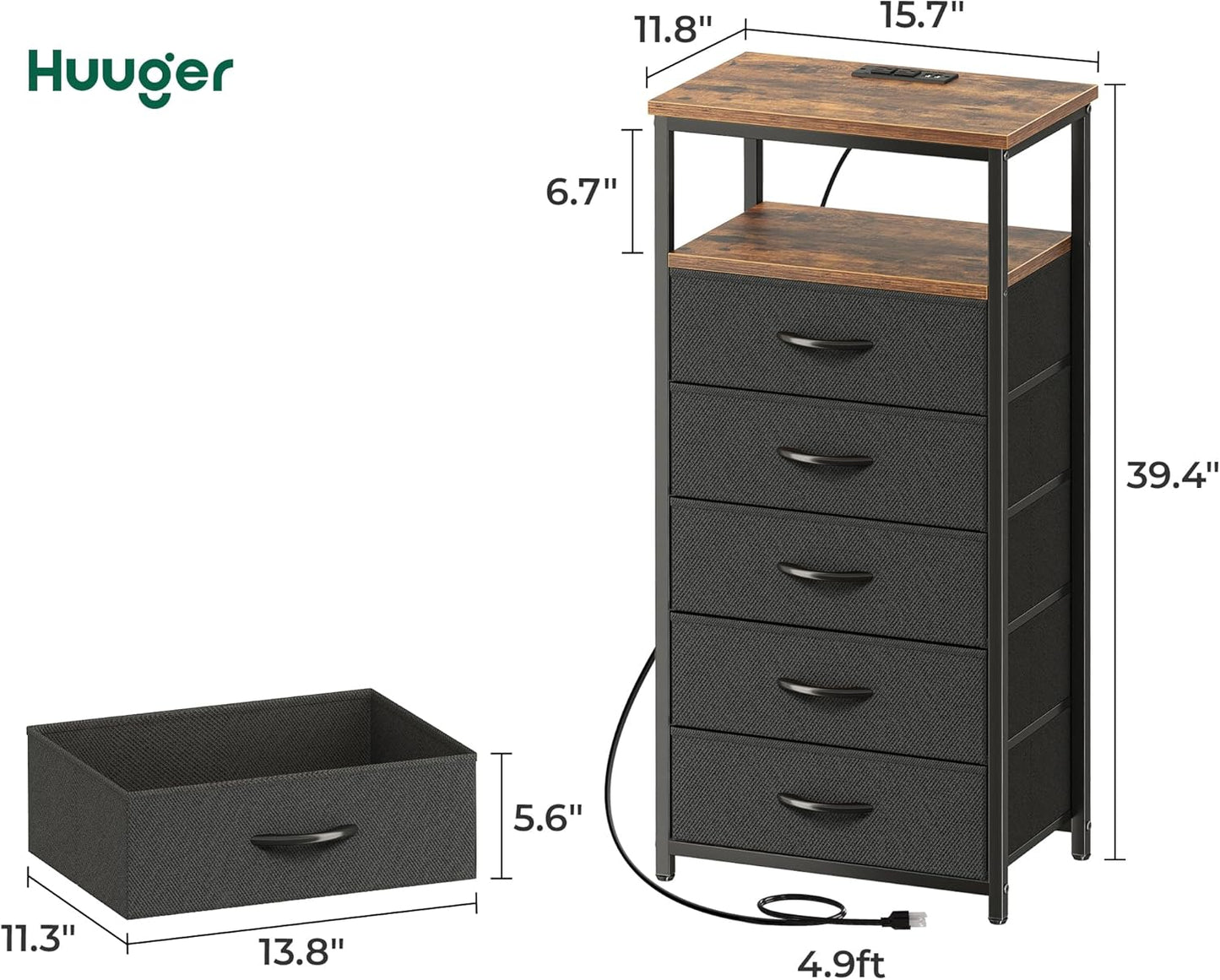 Huuger 5 Drawers Tall Dresser with Charging Station, Dresser for Bedroom, Tall Night Stand, Chest of Drawers with Open Shelf, Bedside Table Nightstand, Fabric, Rustic Brown and Black