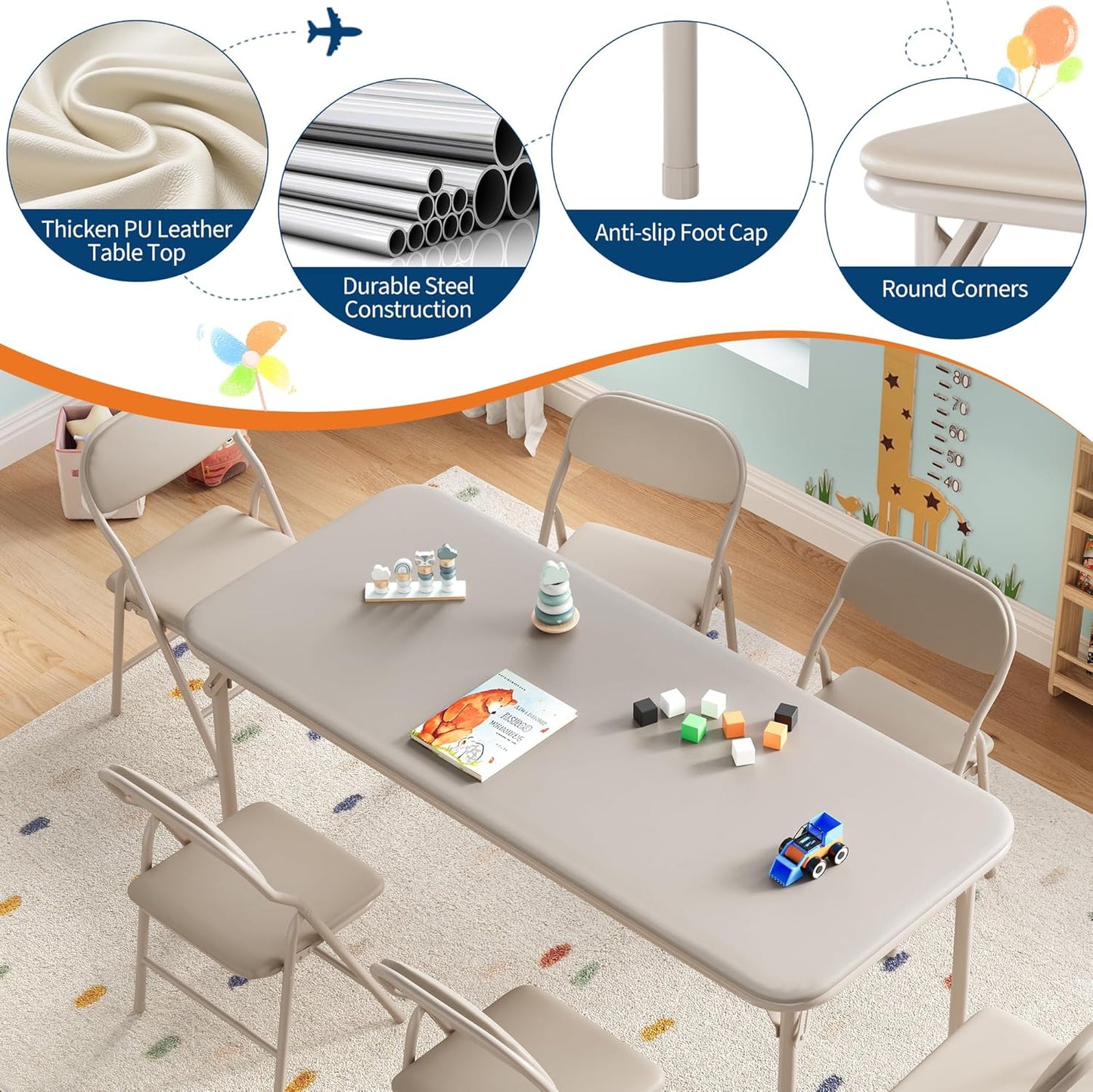 IDEALHOUSE 7 Piece Folding Kids Table and Chairs Set, Children Activity Table and Chairs Set for Dining Room,Daycare,Classrooms