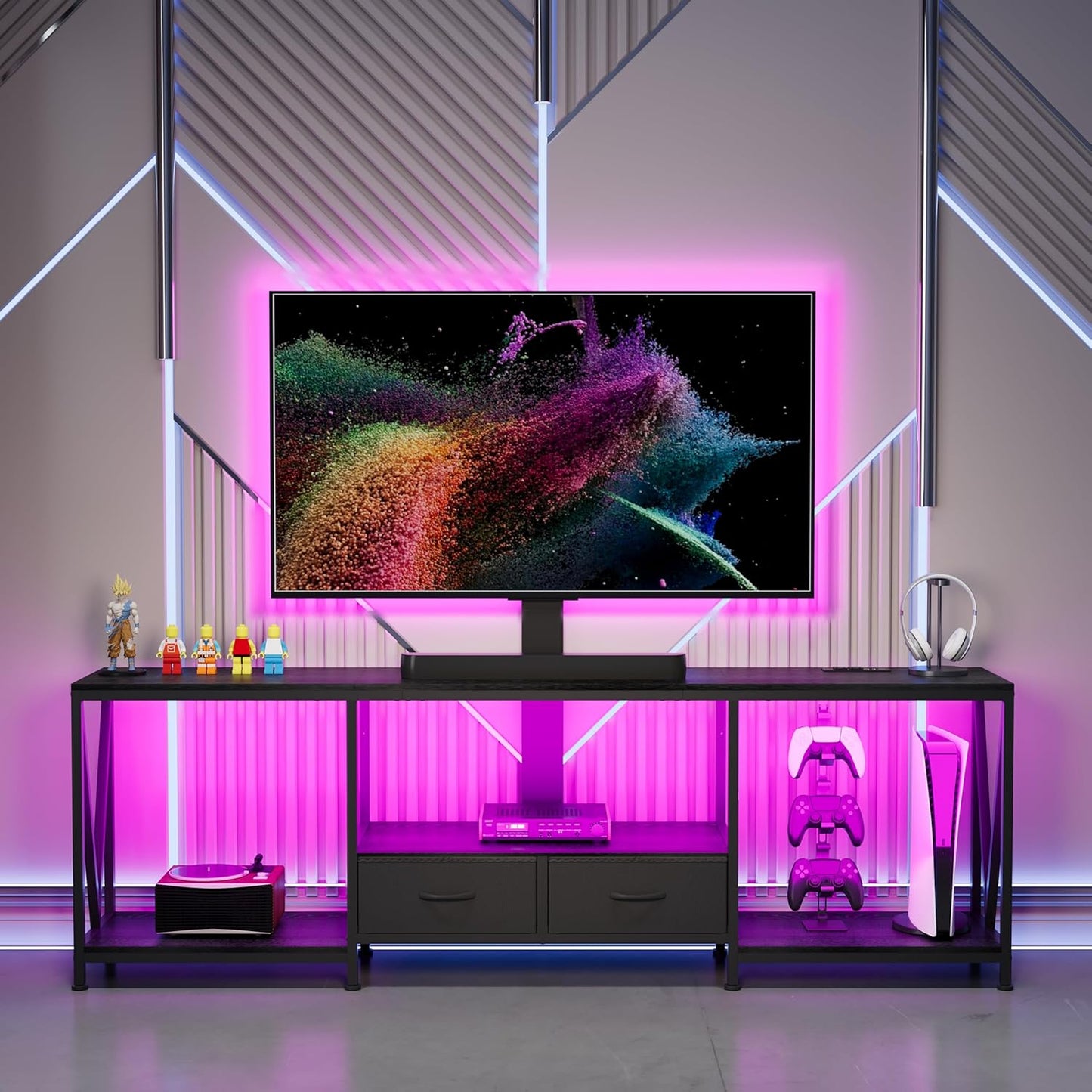 63" W TV Stand with Mount for 50,55,65,75" TV,Entertainment Center with Power Outlet and Led Lights,Height Adjustable TV Console Table with Open Storage Shelves and Fabric Drawers (Black)