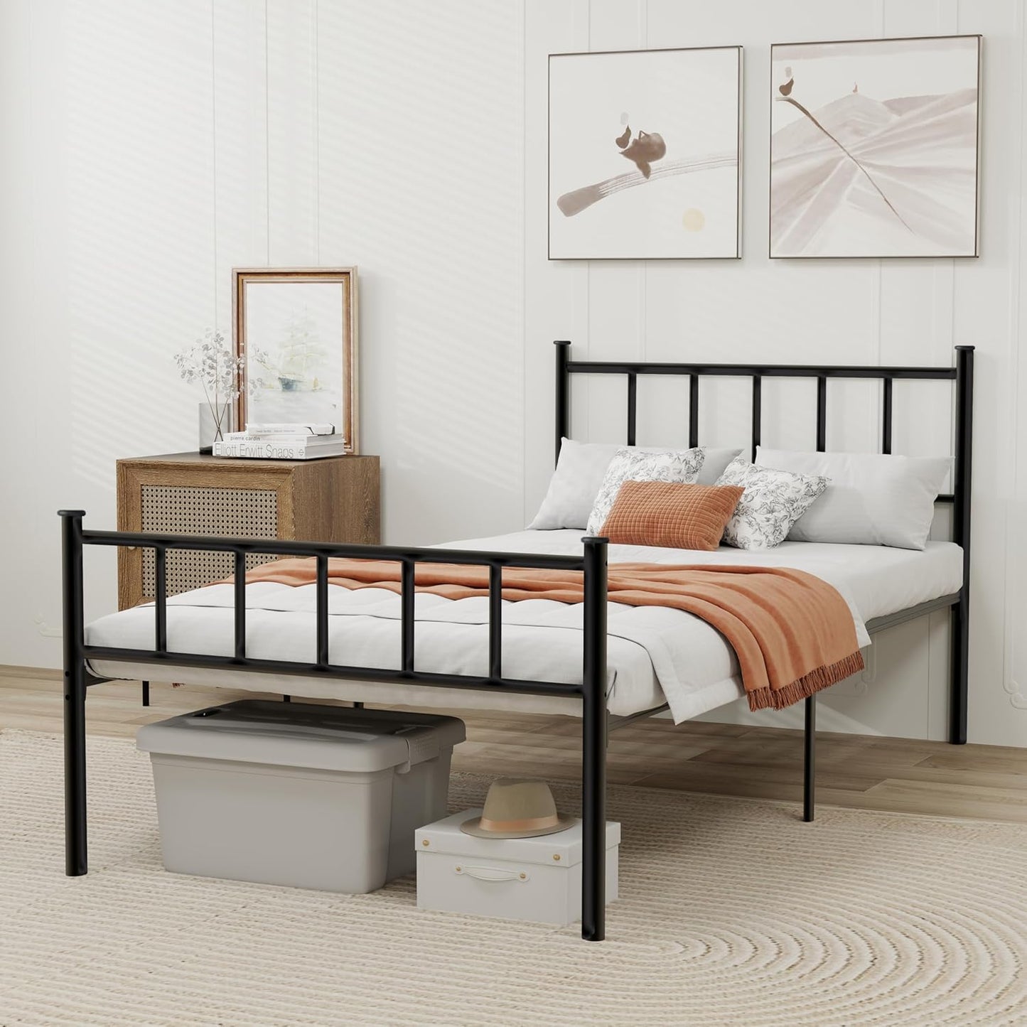 Metal Platform Twin Bed Frame with Headboard Sturdy Steel Slats Support No Box Spring Needed Easy Assembly Black