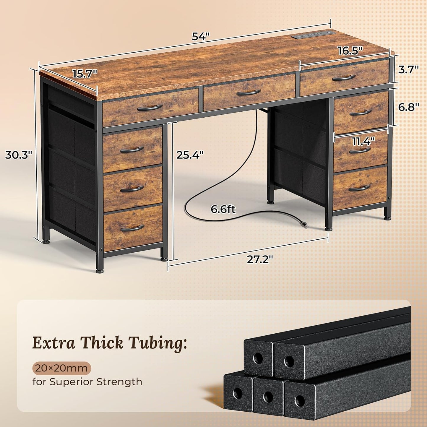 PRAISUN 54 Inch Office Desk with Outlets, Computer Desk with 9 Fabric Drawers, Writing Gaming Work Study Desk for Bedroom, Living Room, Home Office, Large Storage, Rustic Brown