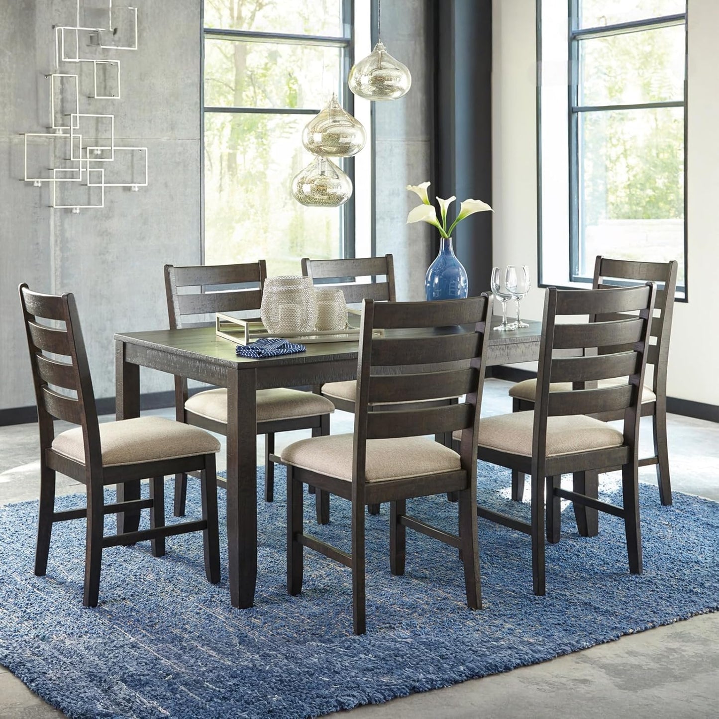 Signature Design by Ashley Rokane 20" Dining Room Table Set with 6 Upholstered Chairs, Brown