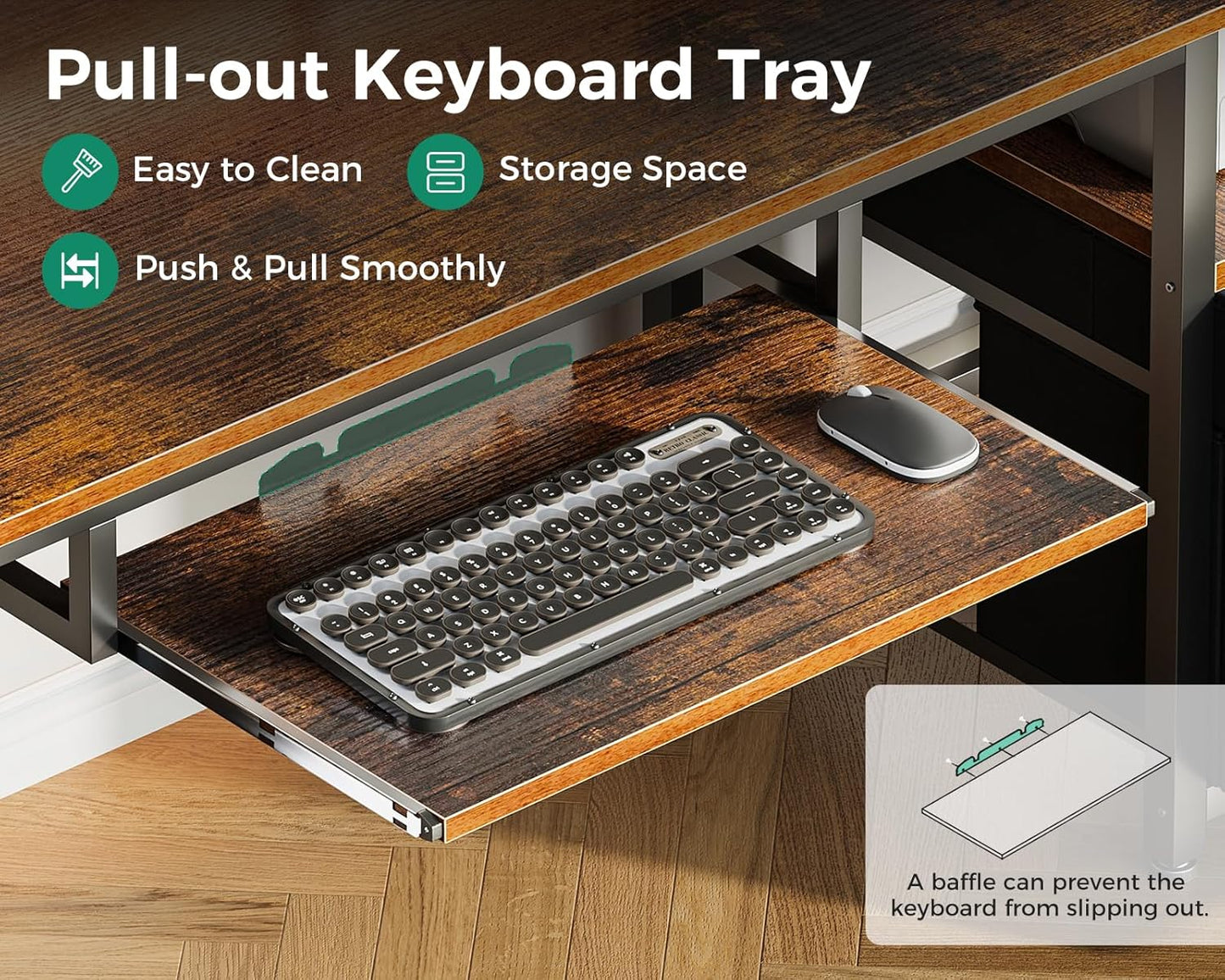 AODK Computer Desk with Drawers and Keyboard Tray, 55" Office Desk with Power Outlet and LED Lights, Reversible Study Work Desk with Printer Shelf and PC Stand for Home Office, Vintage