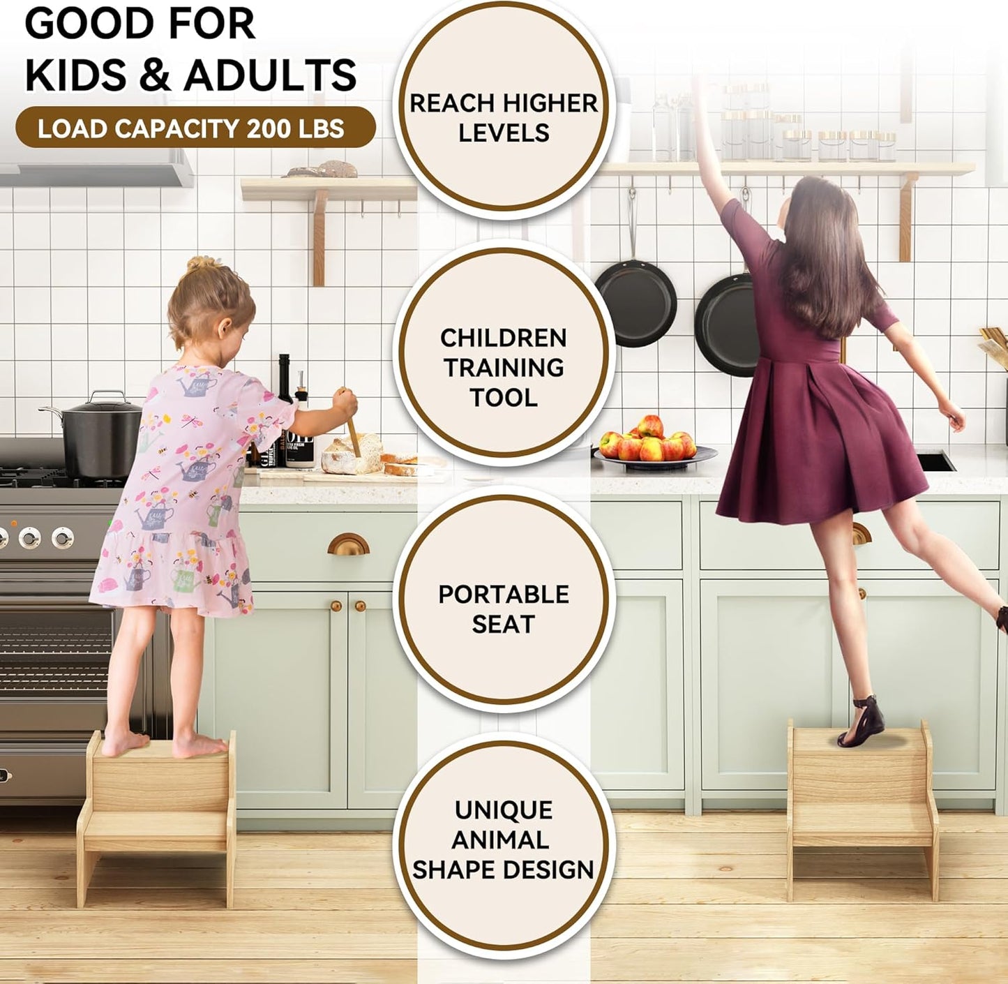 Wood Step Stools for Kids, Child Two Step Stool of DIY Shape, Toddler Step Stools Potty Training Stool, Easy to Move Safety for Kitchen, Bathroom, Bedroom, Toilet