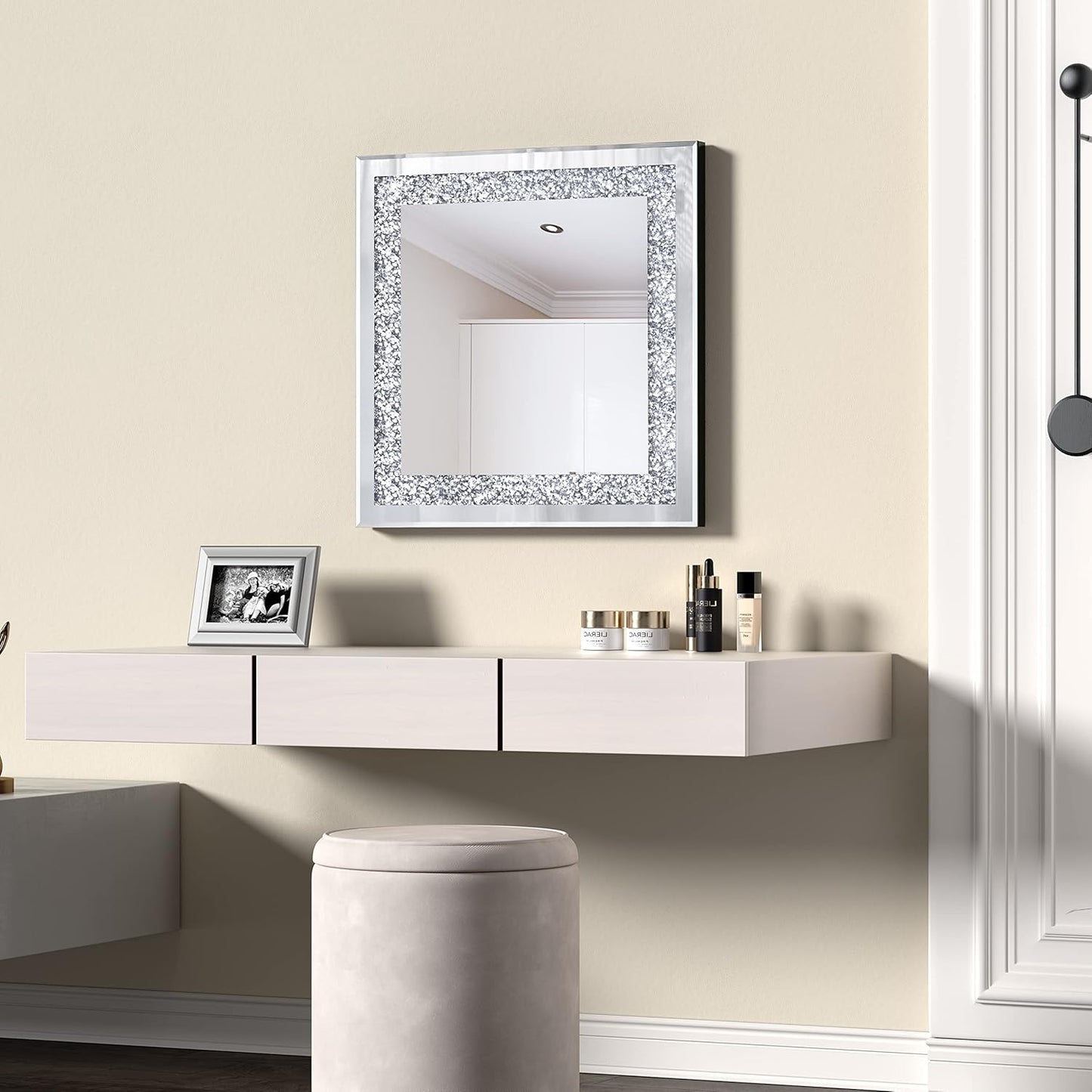 Crystal Decorative Mirror-24 x24 Rectangle Gorgeous Silver Mirror, Crush Diamond Mirror for Wall Decoration Bedroom, Hallway, Dining Room