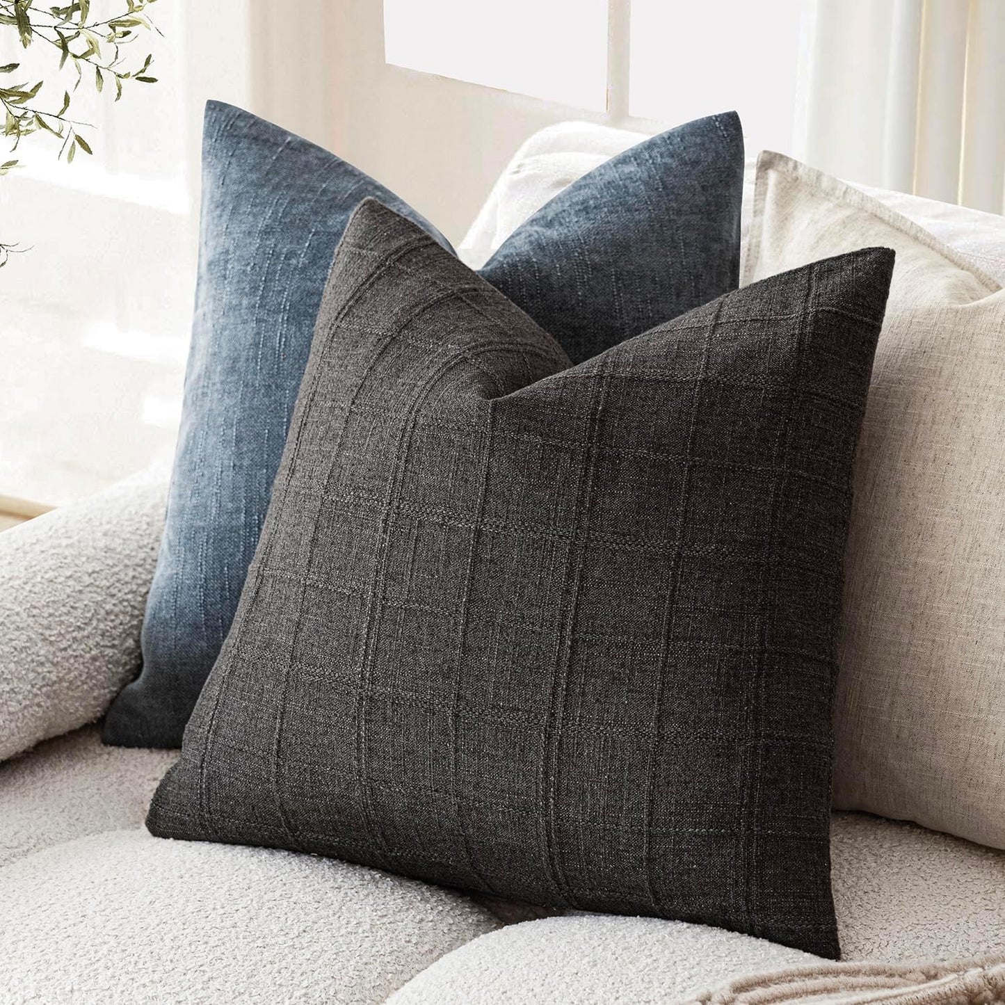 Foindtower Set of 2 Decorative Linen Check Throw Pillow Covers Neutral Farmhouse Vintage Cushion Covers Modern Boho Home Decor for Sofa Chair Couch Bedroom Living Room Outdoor,22×22 Inch,Charcoal