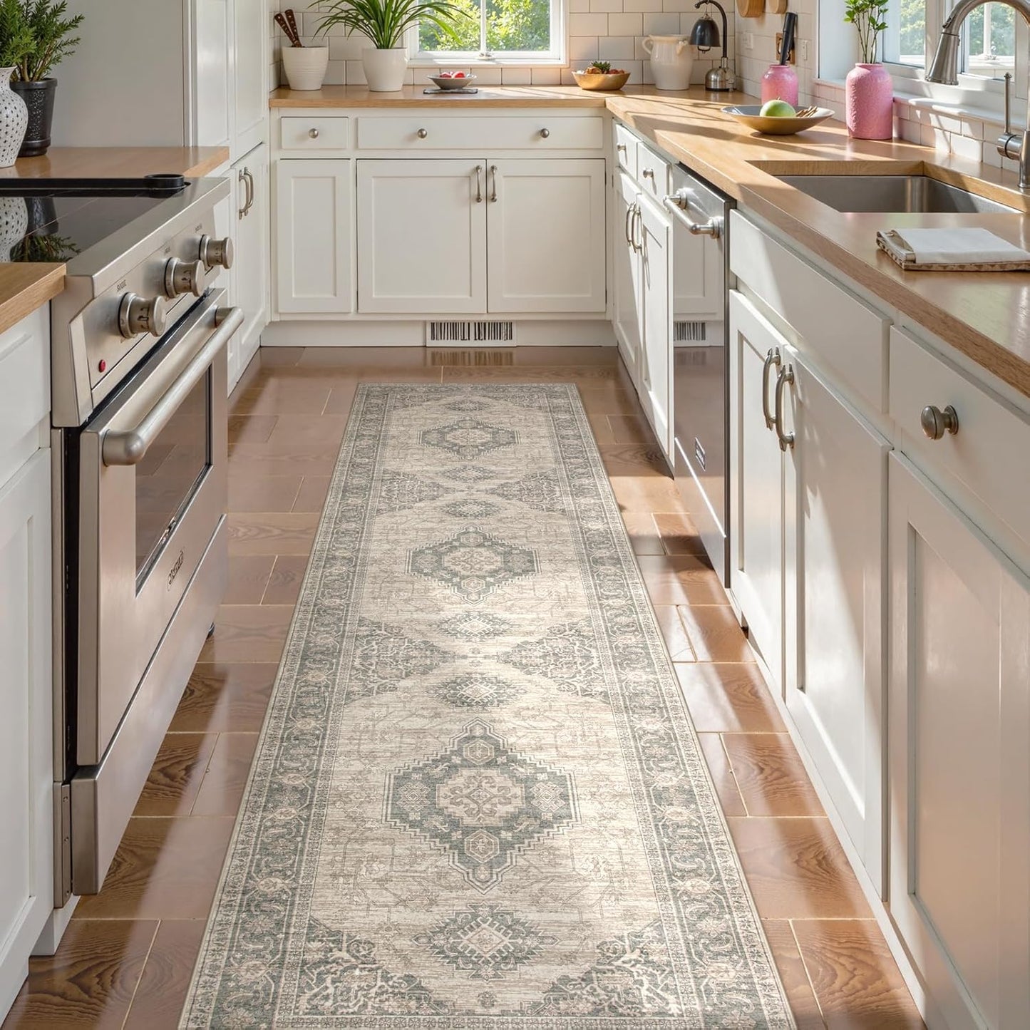 Lahome Oriental Kitchen Runner Rug, 2x6 Washable Rug Runners for Hallway 6 Feet Non Slip, Vintage Soft Long Carpet for Laundry Room Bedside Entryway, Grey/Brown