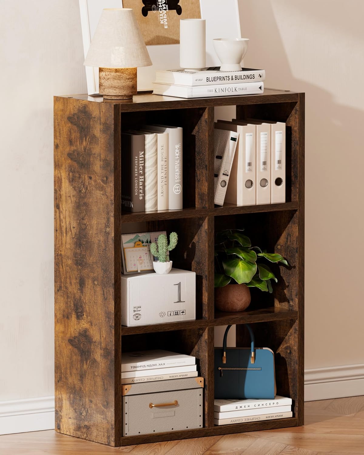 GTPLAYER 6-Cube Storage Organizer, Fits 11" Bins, Vertical or Horizontal Use, Opening Bookshelf, Partial Back Panels, Stackable Design Bookcase, for Closet, Bedroom, Home Office, Rustic Brown