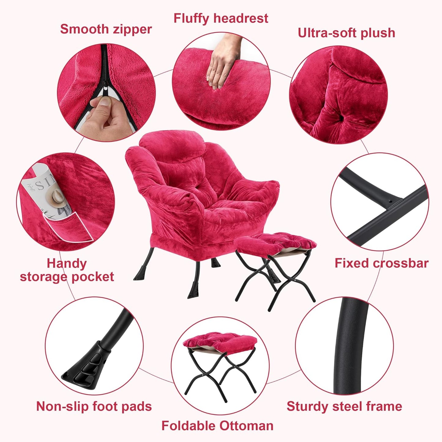 Fabric Lazy Chair with Ottoman, Oversized Upholstered Sofa Chair for Adults, Plush Comfy Lounge Chair with Large Side Storage Pocket, Reading Chair for Living Room, Bedroom, Office, Rose Red