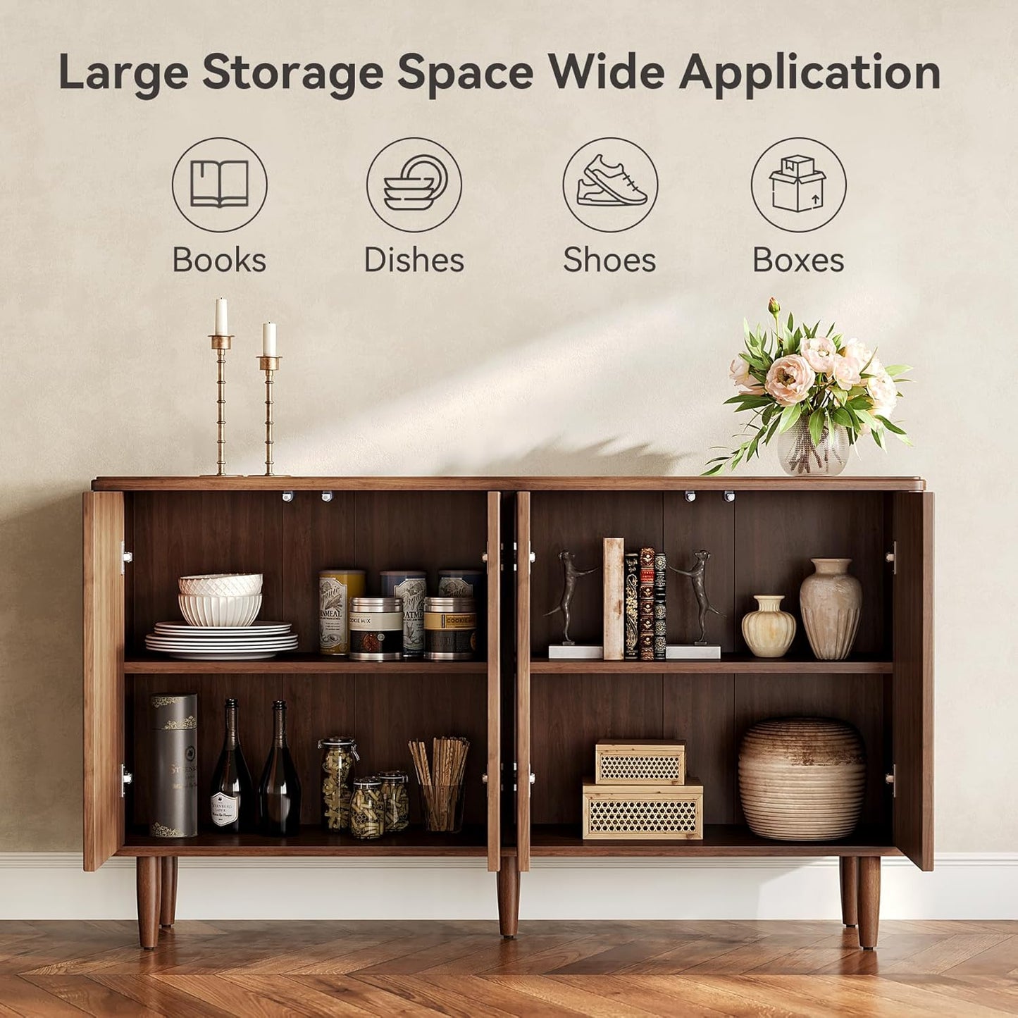 LITTLE TREE 59-Inch Buffet Cabinet Sideboard with Storage, Modern Sideboard Buffet Table with Doors for Living Room, Dining Room (Walnut)