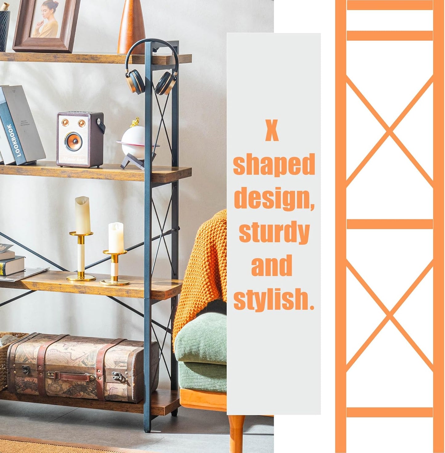 Bookshelf, 4 Tier Bookshelf, Tall Bookcase for Living Room, Home Office and Kitchen