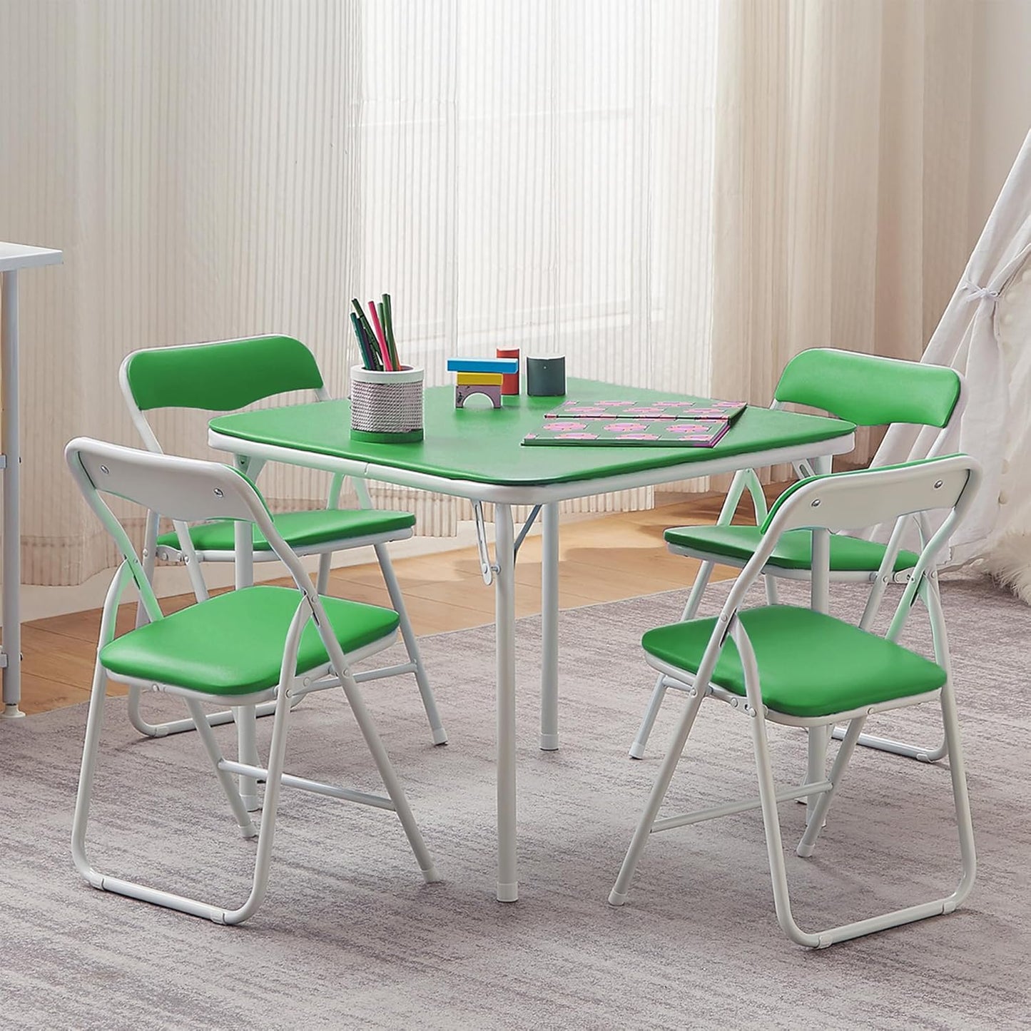 VECELO Kids Folding Activity Table and Chairs 5 Pcs Set, Portable, with Ultra Soft Padded Cushion, Green