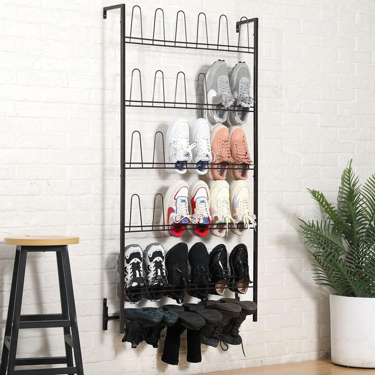 MyGift 5-Tier Wall Mounted Dark Brown Metal 18 Pair Boot and Shoe Storage Rack Organizer Stand