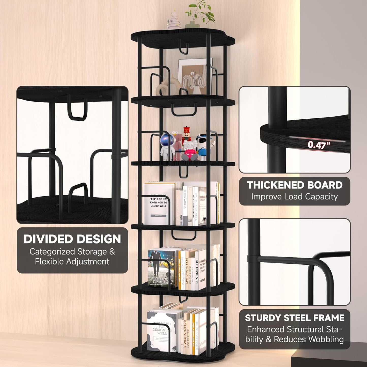 5-Tier Rotating Book Shelf, 360° Display Spinning Bookshelf Tower, Book Organizer, Floor Standing Bookcases for Small Space, Corner Book Shelf for Bedroom, Living Room, Study Room (Black)
