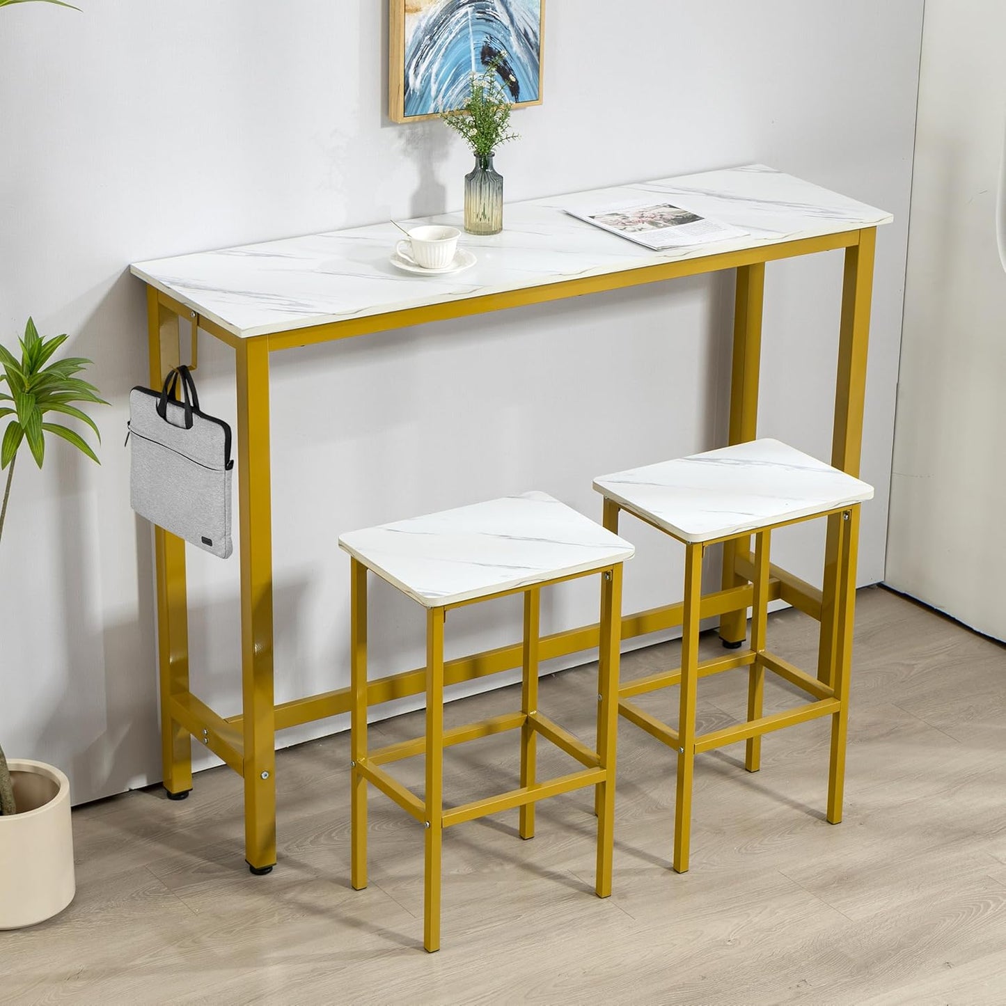 Finnhomy 52.7" Industrial Bar Table Set with 2 Stools - Counter Height Dining & Pub Table for Small Spaces, Kitchen, Apartment, Nook - Metal & Wood, Space-Saving Furniture - White Marble and Gold