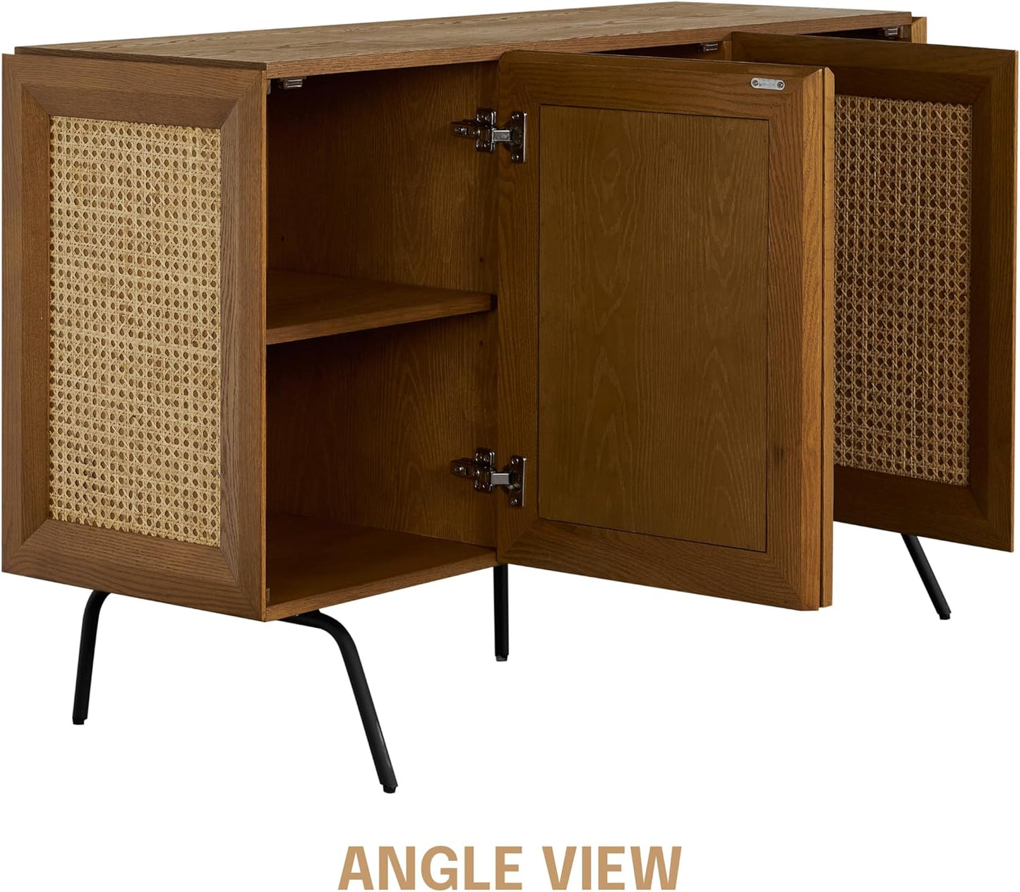NTC MOSSIC Modern Sideboard with 3 Doors, Natural Rattan Storage Cabinet, Buffet with Metal Legs, Boho Accent Cabinet for Living Room, and Entryway, Effortless Assembly - Rustic Oak