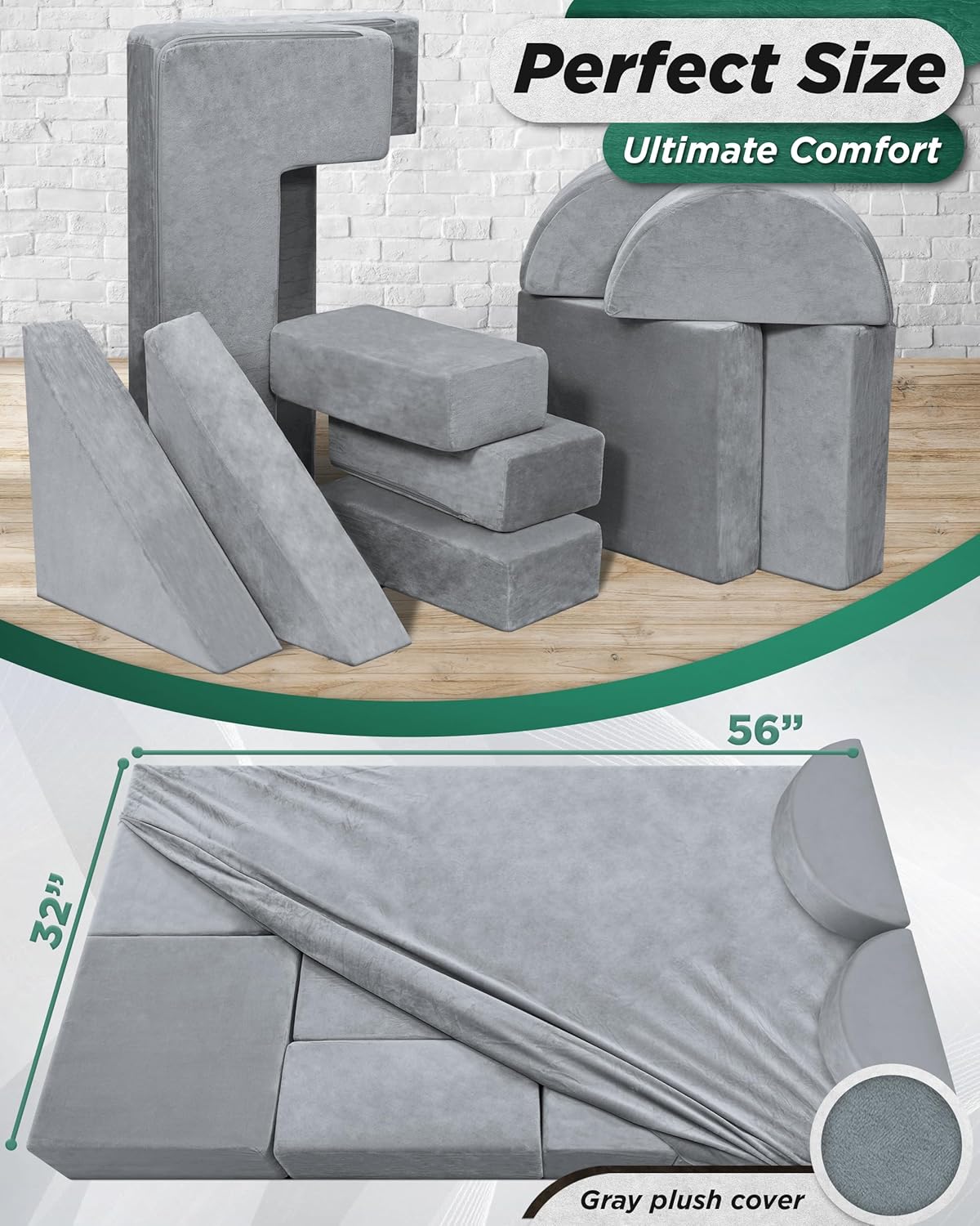 Lunix LX22 11pcs Modular Kids Play Couch, Child Sectional Sofa, Fortplay Bedroom and Playroom Furniture for Toddlers, Convertible Foam and Floor Cushion for Boys and Girls, Gray