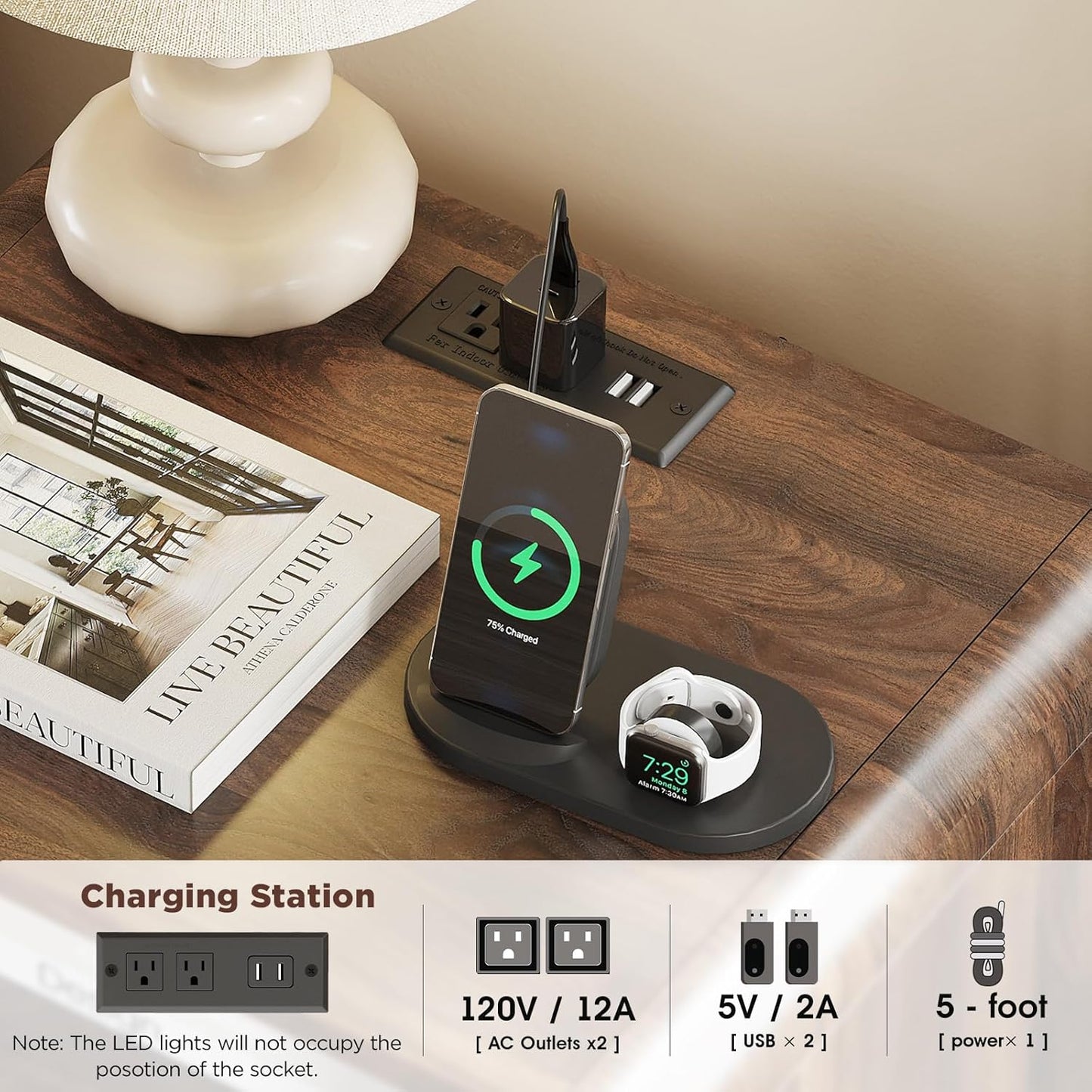 Nightstand with Charging Station and LED Lights, Night Stands with Adjustable Storage Cabinet, Modern Side Table with Fluted Doors and Open Storage, Bedside Table for Bedroom, Walnut