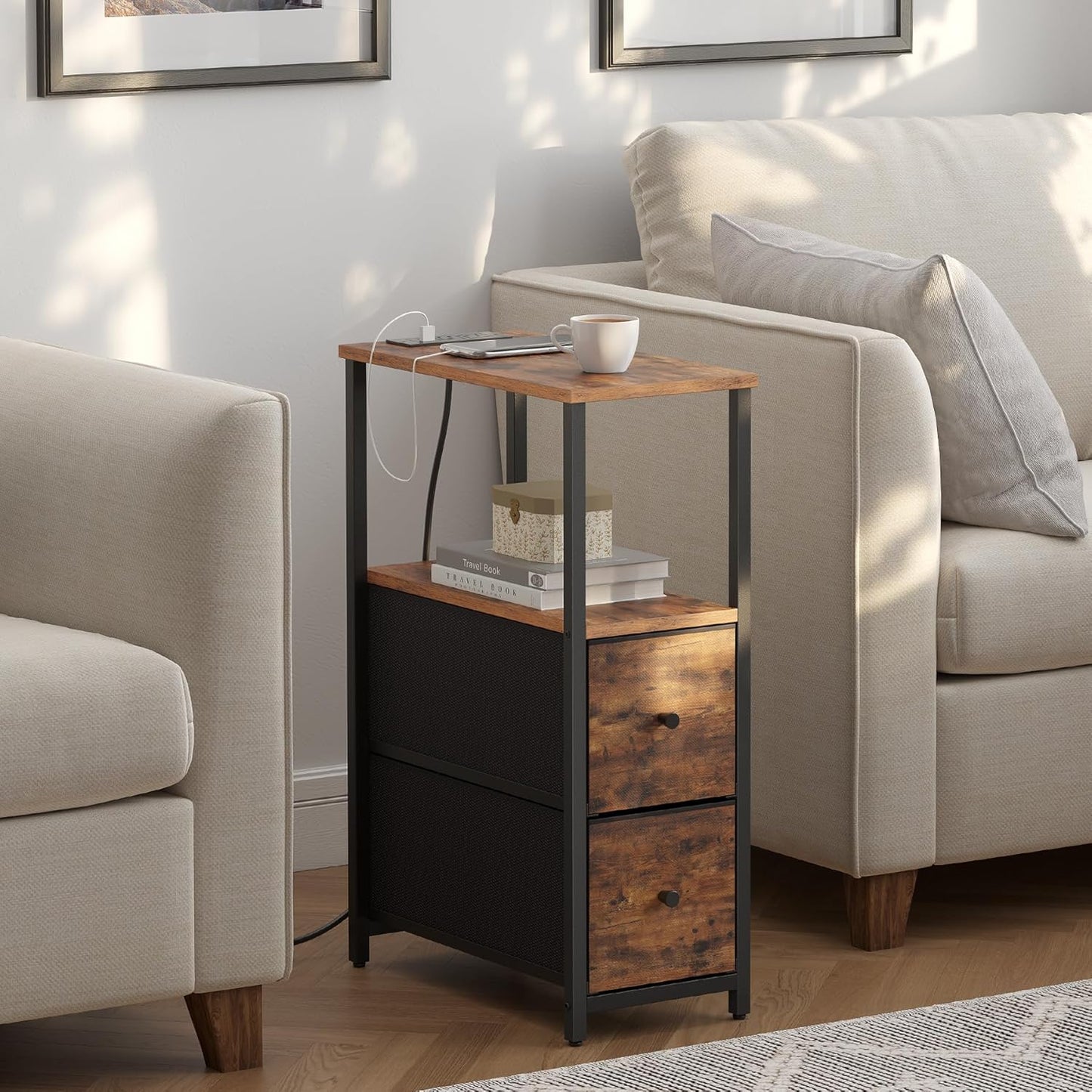TUTOTAK Small Narrow End Table with Charging Station, Set of 2, Side Table with Outlets, Nightstand with 2 Cloth Drawers, Couch Table, for Living Room, Bedroom, Bedside, Brown TB01BB055