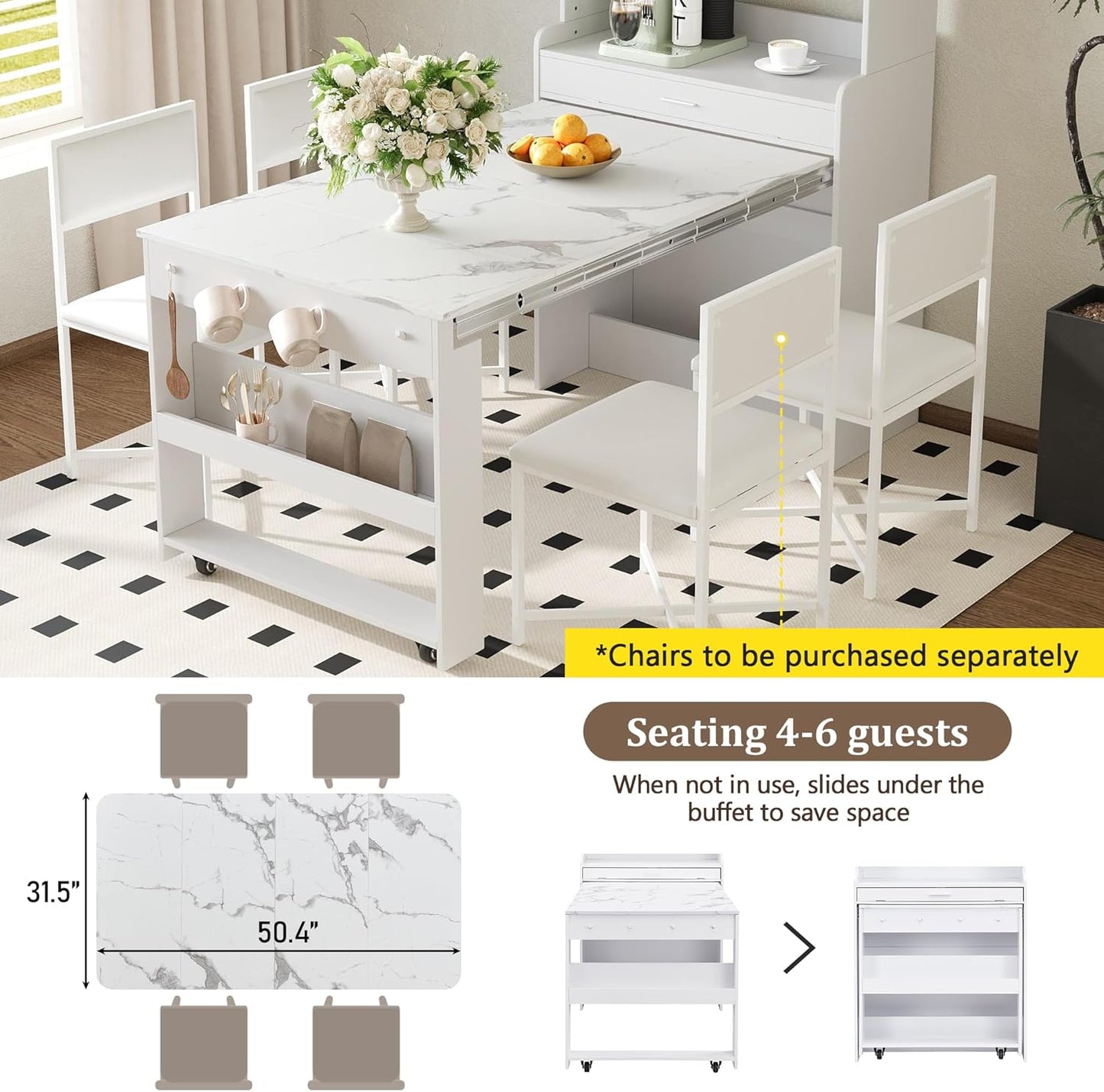 Merax Sideboard Buffet Cabinet with Foldable Dining Table, Multifunctional Cupboard with Storage Shelf and Hooks, for Small Places,Studio, Apartment