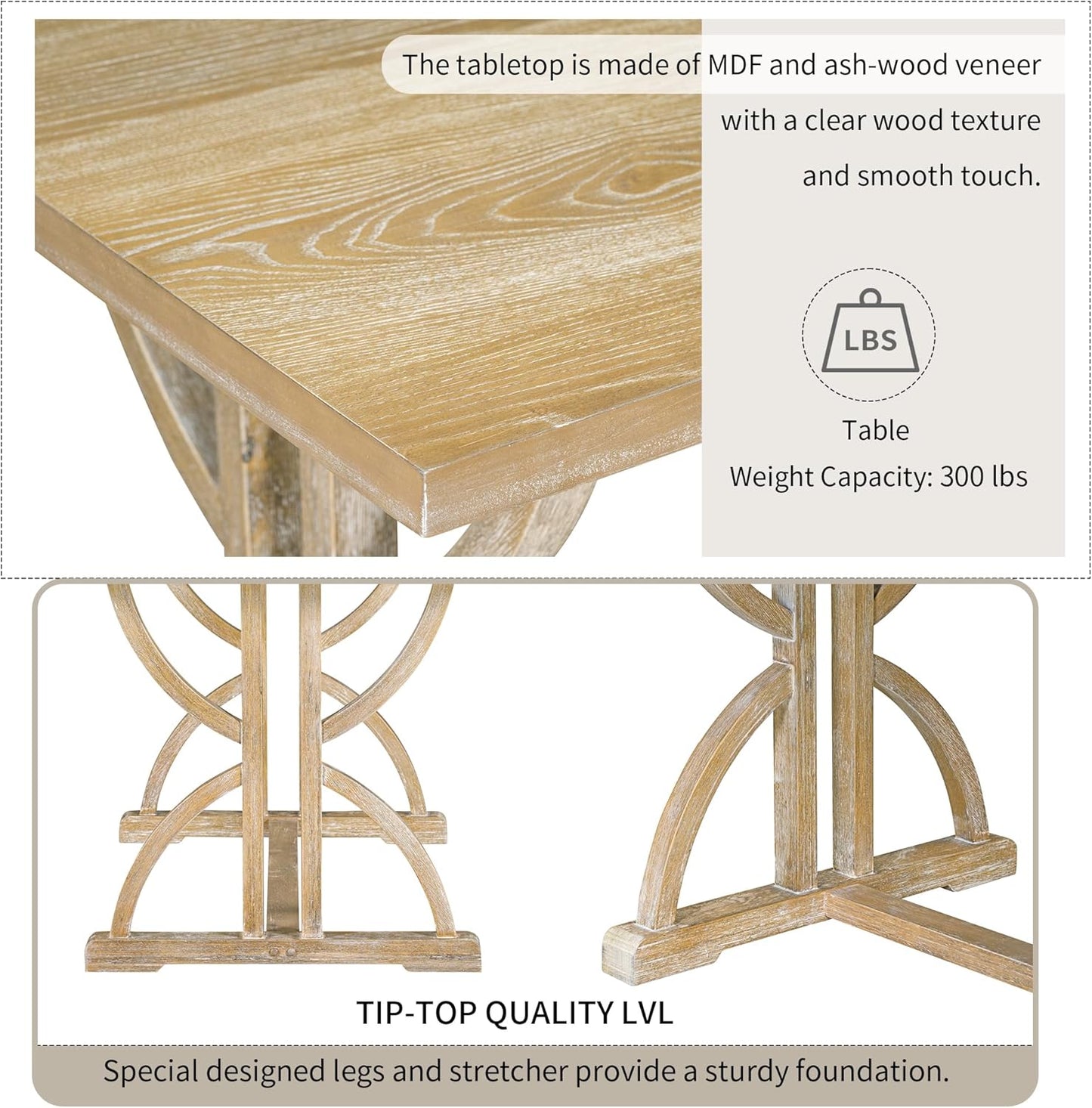 HomSof 6-Piece Retro Rectangular Dining Table Set, Table with Unique Legs and 4 Upholstered Chairs & 1 Bench for Dining Room and Kitchen, Natural Wood Wash