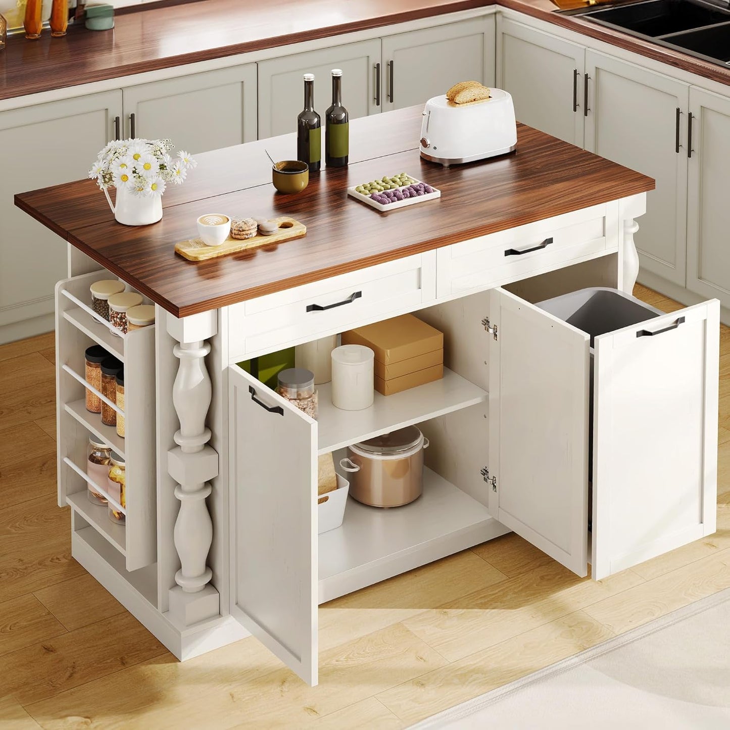 YITAHOME Americana Kitchen Island with Drop Leaf & Power Outlet, 47.6 inch Mobile Butcher Block Island Cart, Pull-Out Trash Can Storage, 3-Tier Spice Rack, White and Walnut