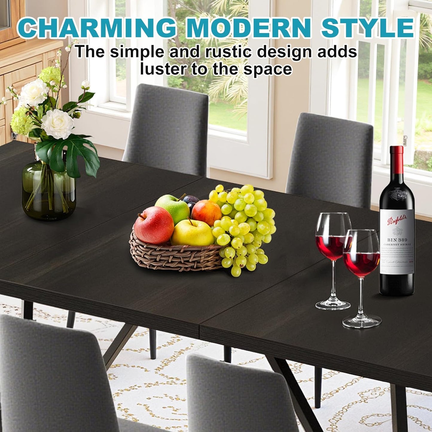 71" Dining Table for 6-8, Farmhouse Dinner Table with Wooden Tabletop and Metal Frame Base, Rectangular Kitchen Tables for Dining Room, Kitchen, Living Room, Black