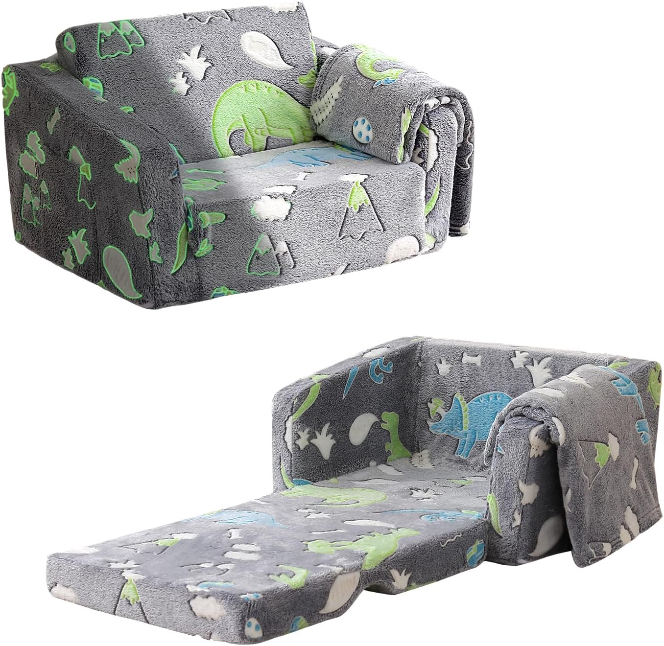 Toddler Couch Fold Out, Foldable Kids Couch with Blanket, Flip Out Toddler Chair, Foam Sofa for Girls & Boys, Convertible Sofa to Lounger for Children Age 1-3 (Glow Dino Grey)