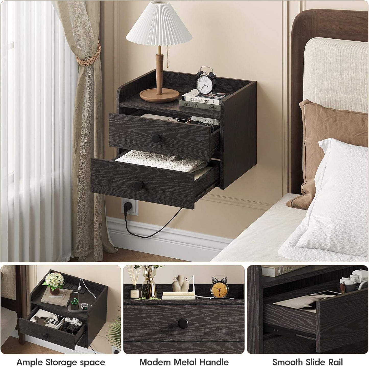 Floating Nightstand Set of 2 with 2 Storage Drawers and Charging Station Wood Wall Mounted Bedside End Table Modern Night Stands Set 2 for Bedroom,Small Space,Black