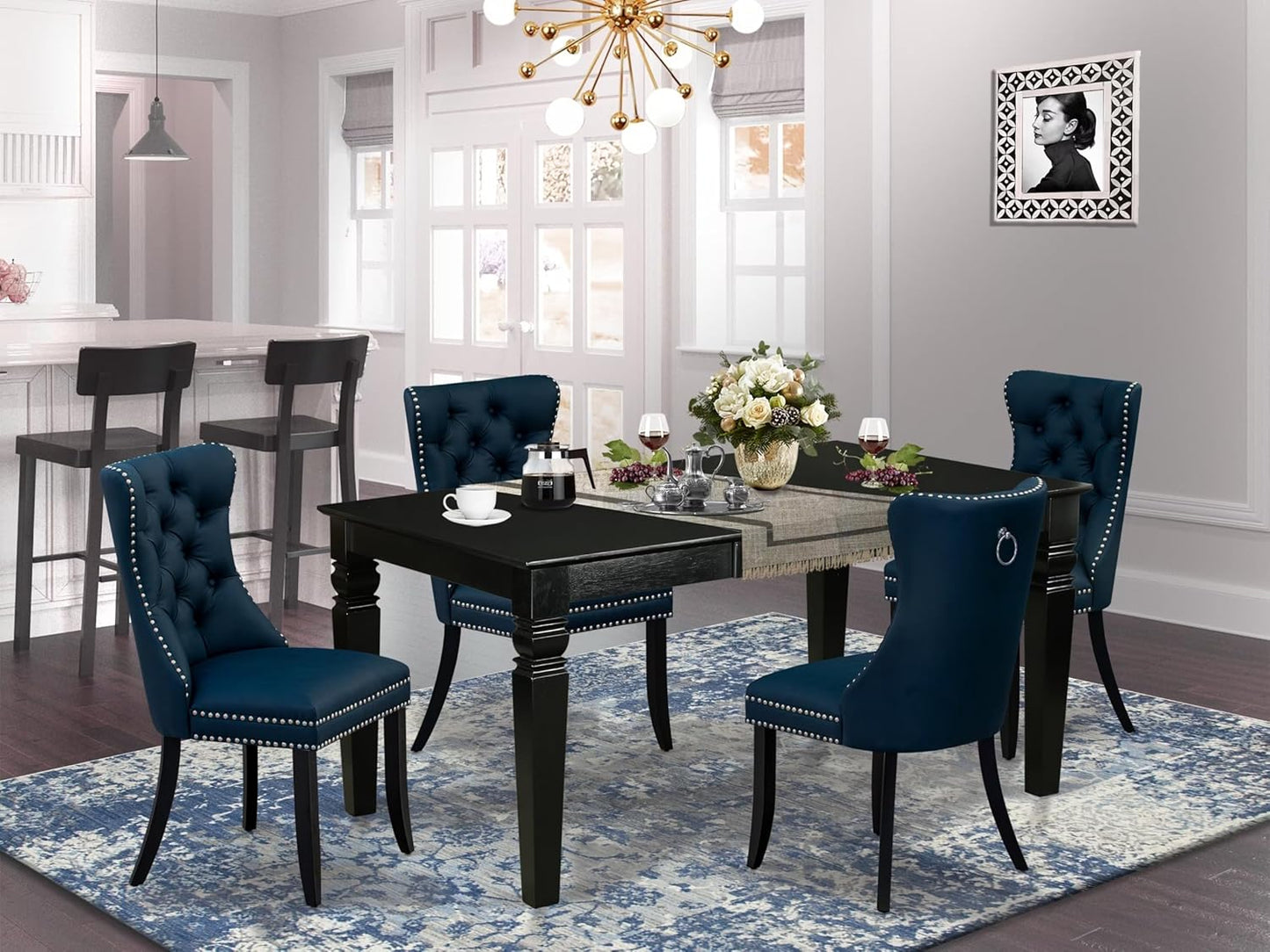 East West Furniture WEDA5-BLK-29 5 Piece Dining Table Set Consists of a Rectangle Wooden Table with Butterfly Leaf and 4 Polyester Fabric Padded Chairs, 42x60 Inch, Black