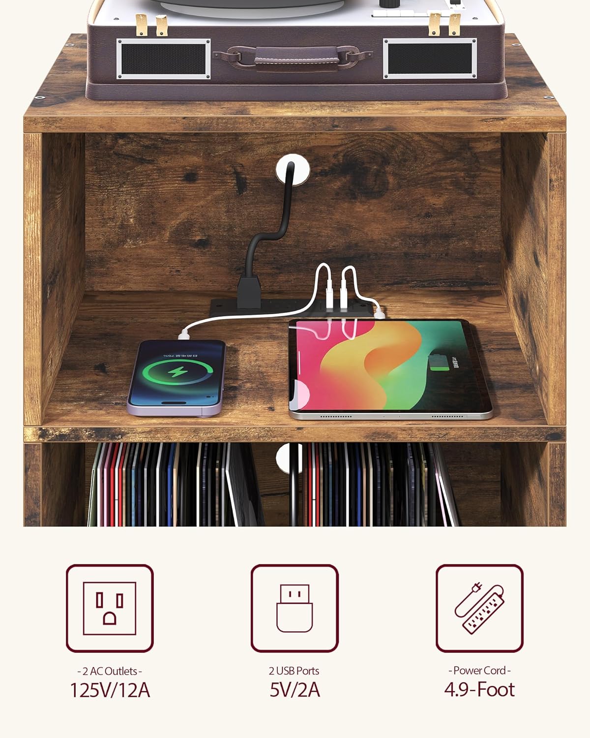 Record Player Stand, 3-Tier Side End Table with Charging Station, Turntable Stand Up to 160 Albums, Vinyl Storage Cabinet Dispaly Shelf for Living Room, Brown