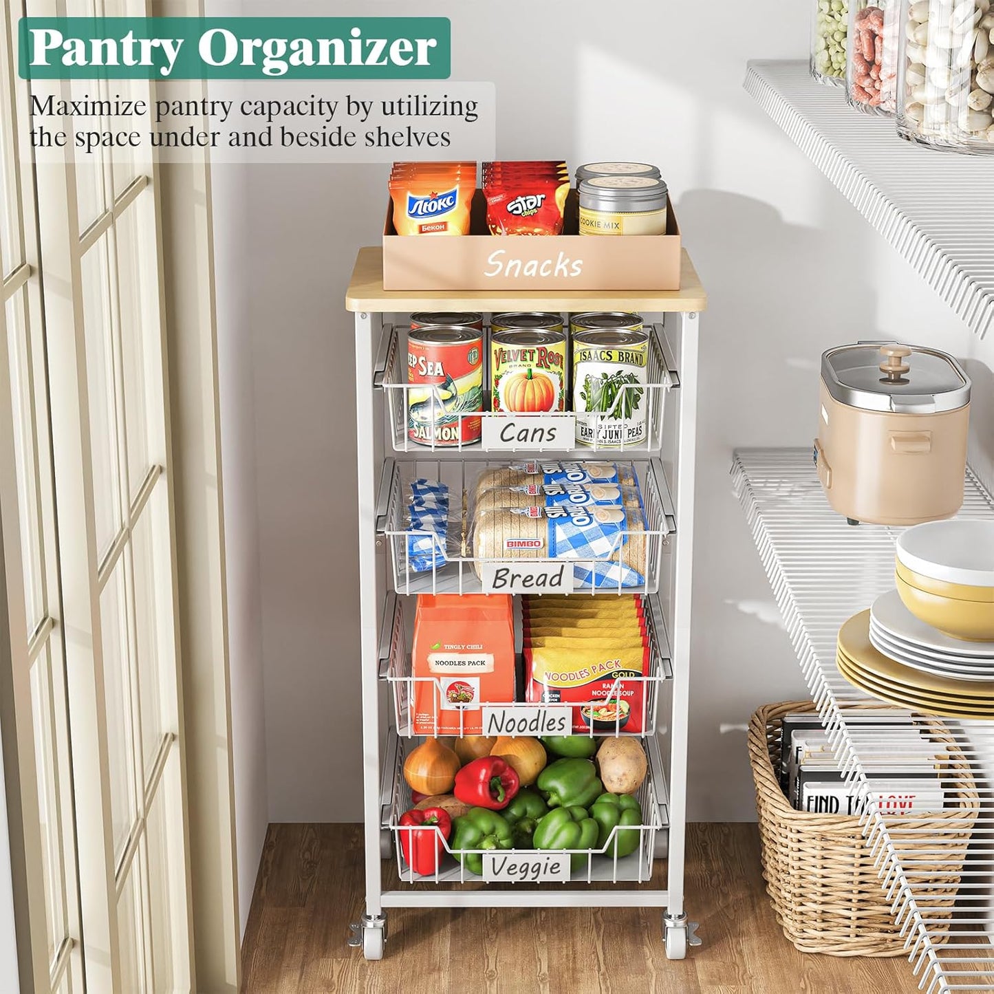 Fruit Vegetable Basket for Kitchen Pantry Storage Organizer, 5-Tier Metal Utility Kitchen Rolling Cart on Wheels with Drawer Rack and Wood Top for Potatoes Onions