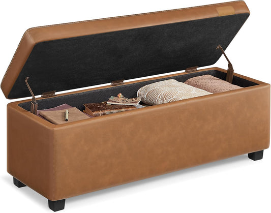 VASAGLE EKHO Collection - Storage Ottoman Bench, Entryway Bedroom Bench, 25 Gallons, Synthetic Leather with Stitching, Mid-Century Modern, Safety Hinges, Loads 660 lb, Caramel Brown ULOM075K01