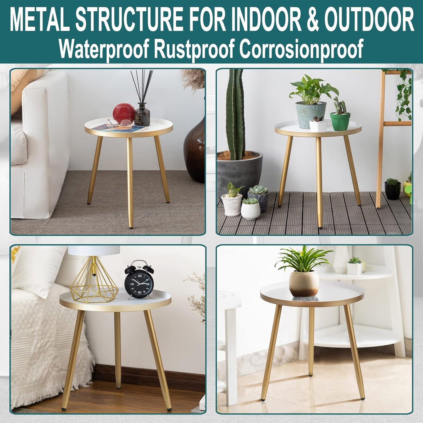 AOJEZOR Side Table: End Table for Any Room - Round Side Tables for Small Spaces - White Top with 3 Gold Legged