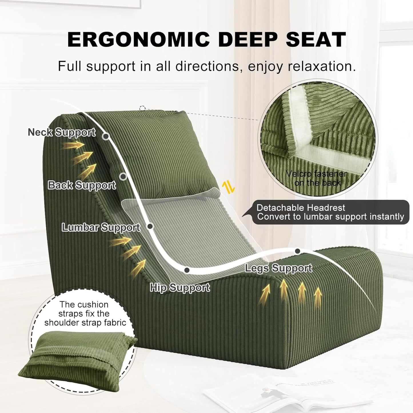 Giant Bean Bag Chair for Adults,Corduroy Chaise Lounge with Unrivaled Back Support, Detachable Neck Pillow, Comfortable Ottoman & Washable Cover for Living Room, Bedroom, Garden (Olive green)