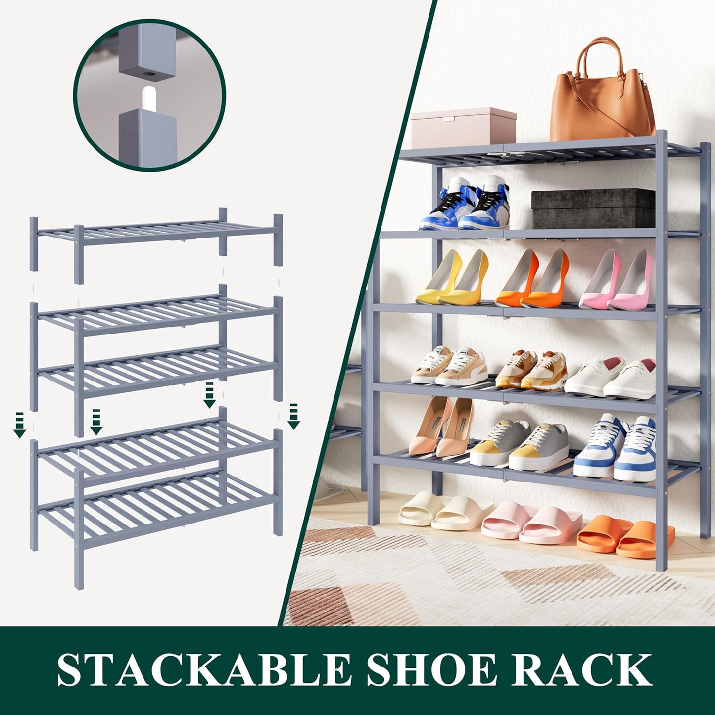 Smiry Shoe Rack, 3 Tier Thick Bamboo Shoe Organizer, Stackable Free Standing Wooden Shoe Storage Shelf for Closet, Entryway, Front Door Entrance, Grey