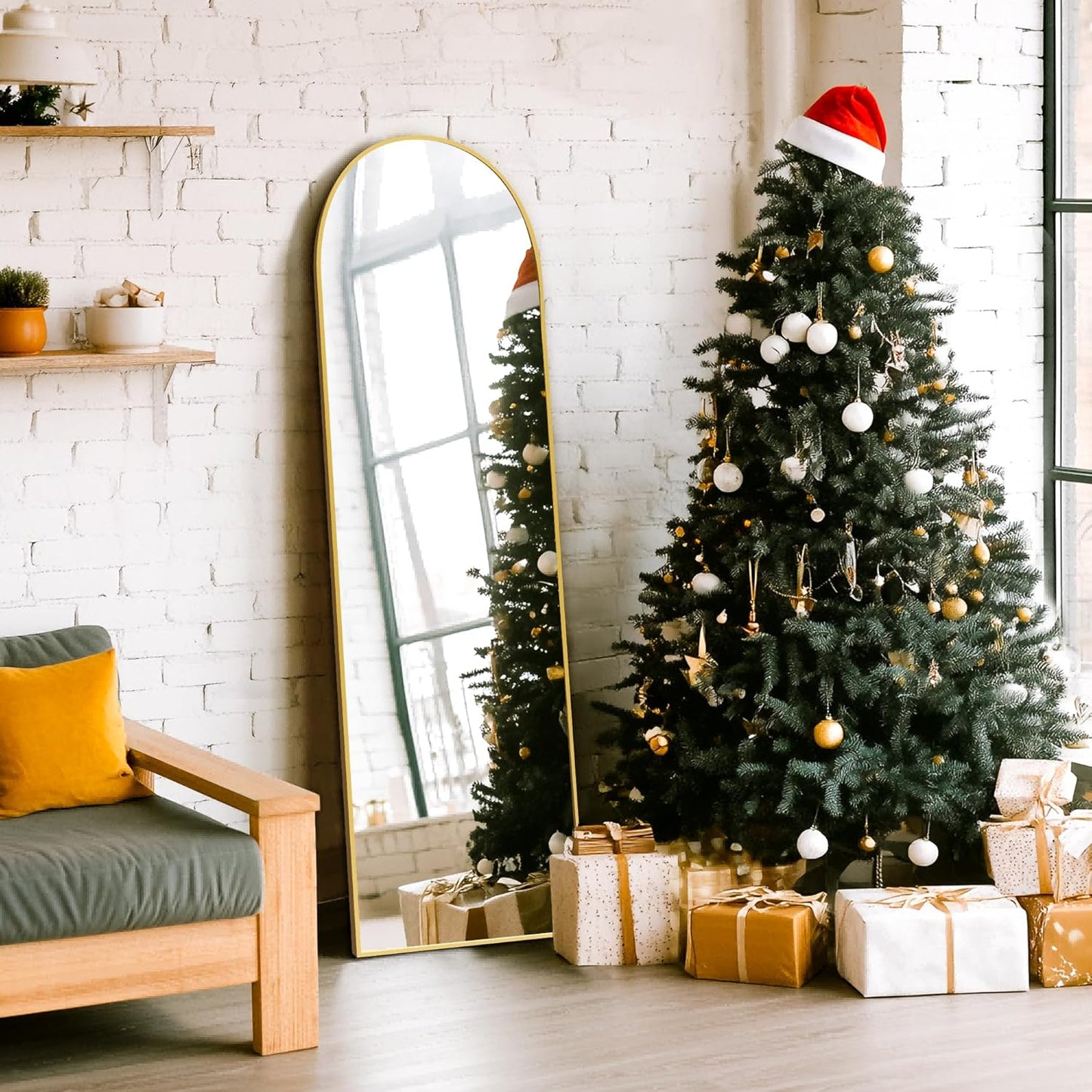 Arched Full Length Mirror, 56"x15" Standing Body Mirror for Wall, with Aluminum Alloy Frame for Bedroom, Living Room, Dressing Room(Gold)