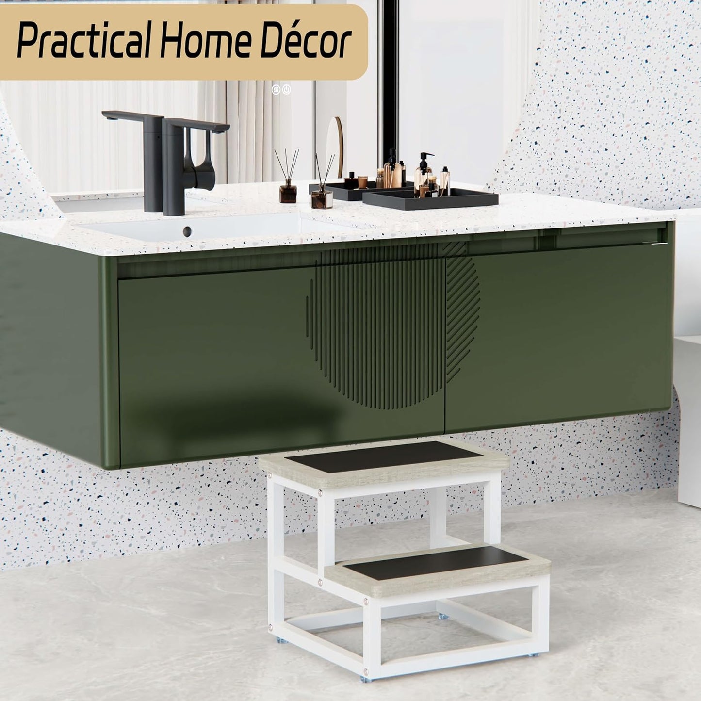 Step Stools, Heavy Duty Stepping Stool for Kids Adults, Non-Slip Metal and Wooden 2 Steps Foot Stool for High Beds and Kitchen, Round Corner, 500 Lbs Capacity, White Oak