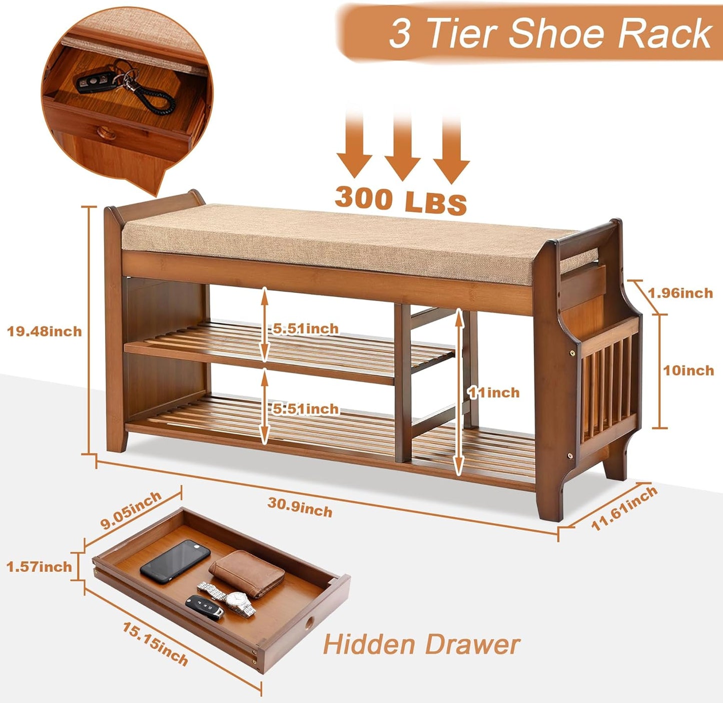 Shoe Storage Bench for Entryway, Bamboo Entryway Bench with Hidden Drawer and Side Brackets,2-Tier Shoe Rack Organizer for Entryway, Hallway,Bedroom and Bathroom