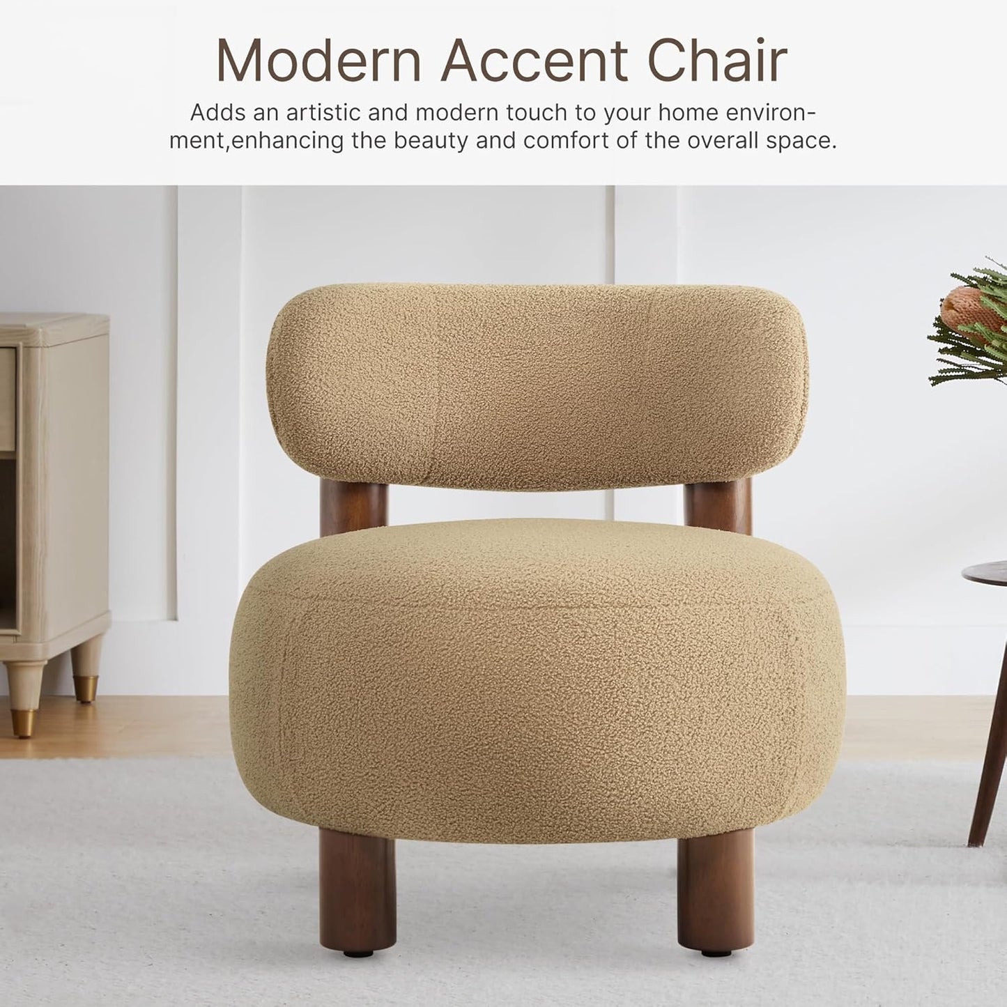 Modern Boucle Accent Chair Set of 2, with Plush Faux Sherpa Upholstery, Curved Backrest, Solid Wood Legs for Living Room Bedroom Reading Nook, 27.5", Camel