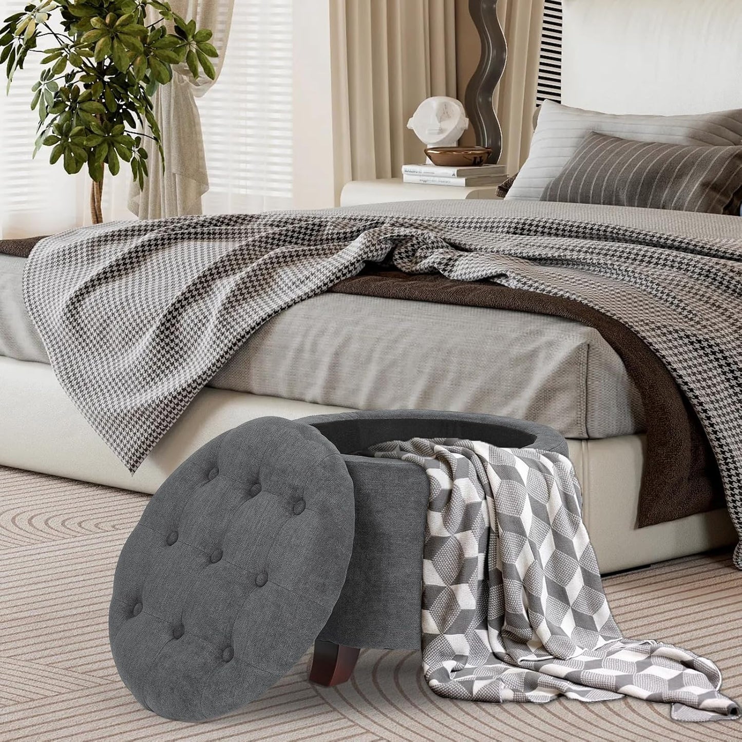 Athena Collection 20 Inch Small Ottoman with Storage, Round Linen Fabric Storage Ottoman with Removable Lid, Stylish Footstool Foot Rest for Living Room, Bedroom, Dorm, Dark Grey