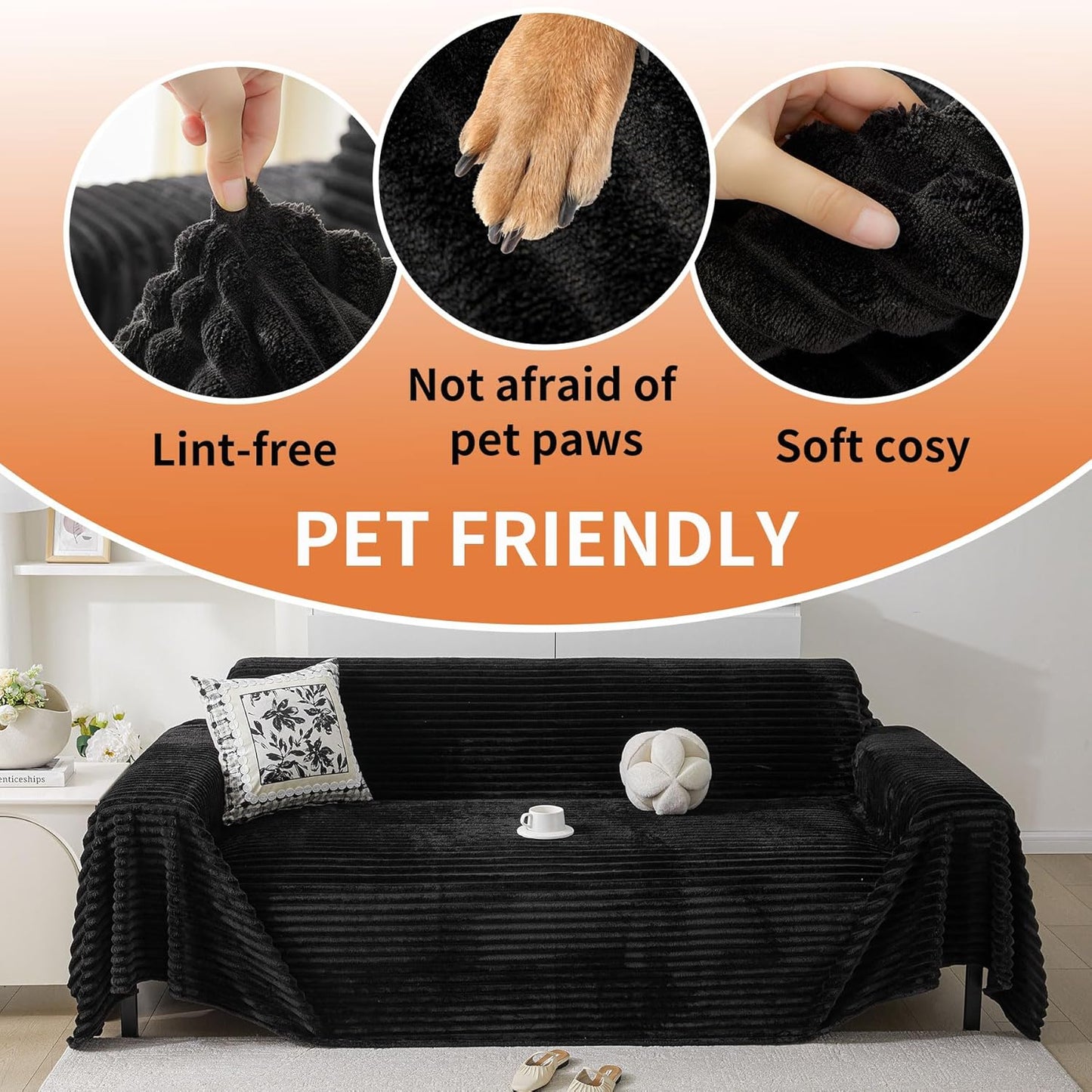 HAOMAIJIA Faux Fur Sofa Covers Couch Covers for 3 Cushion Couch Sofa Pet Friendly Soft Non Slip Couch Cover for Dogs Washable Sectional Couch Covers L Shape Furniture Protector (Black, 91"x134")
